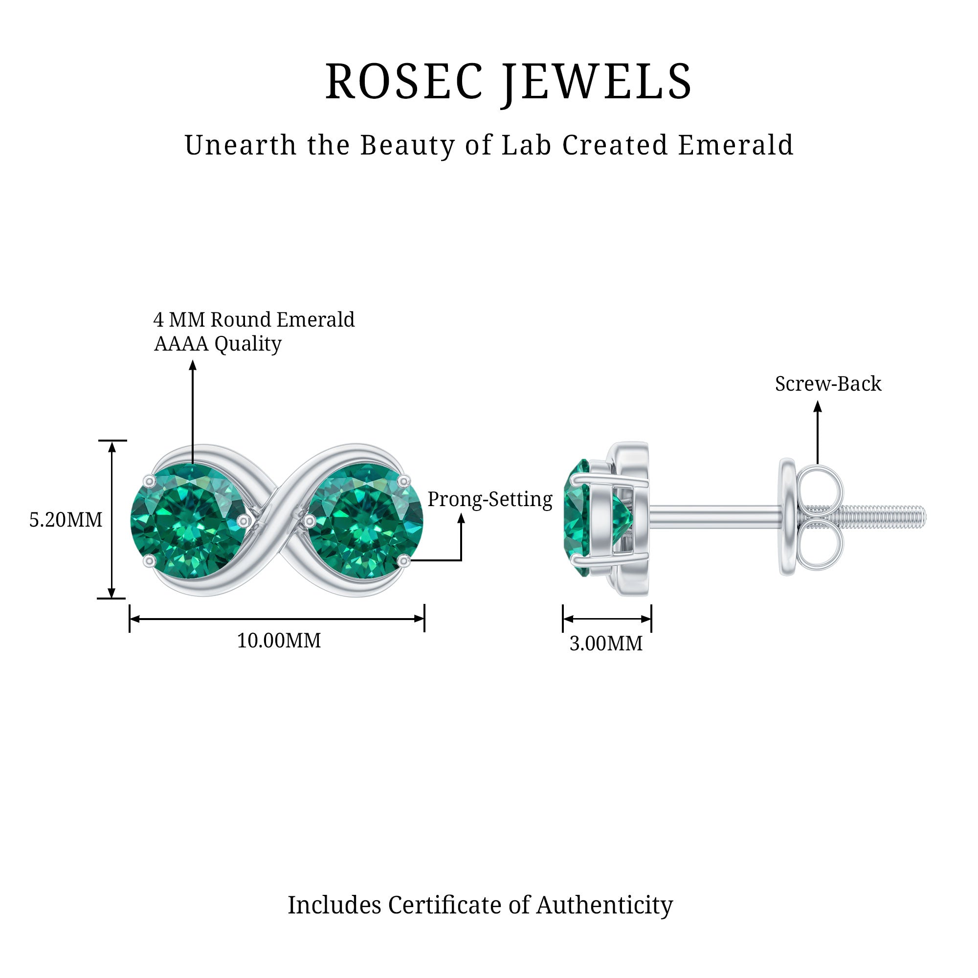 Lab Grown Emerald Infinity Stud Earrings AAAA - Rosec Jewels