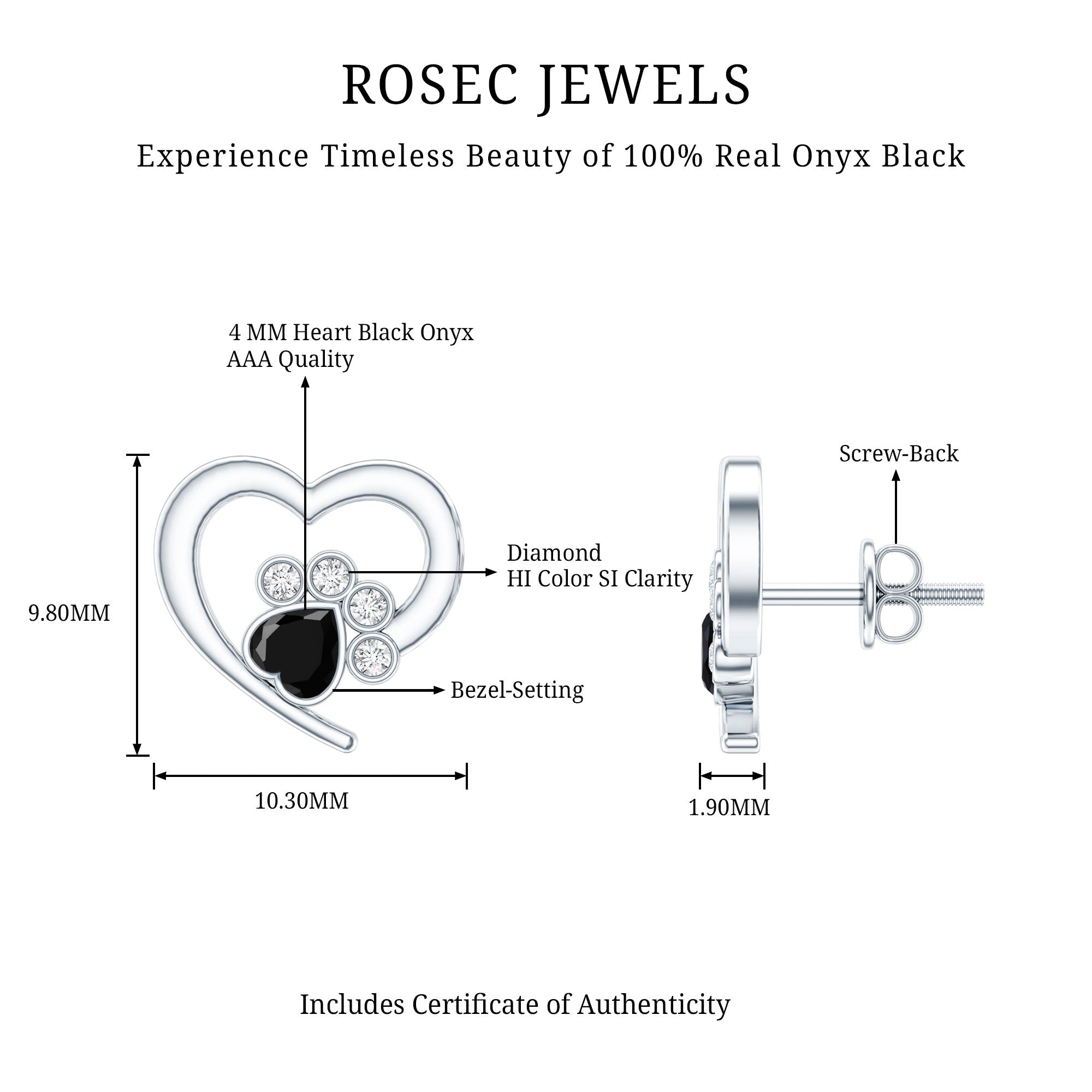 Heart Shape Black Onyx and Diamond Paw Stud Earrings AAA - Rosec Jewels