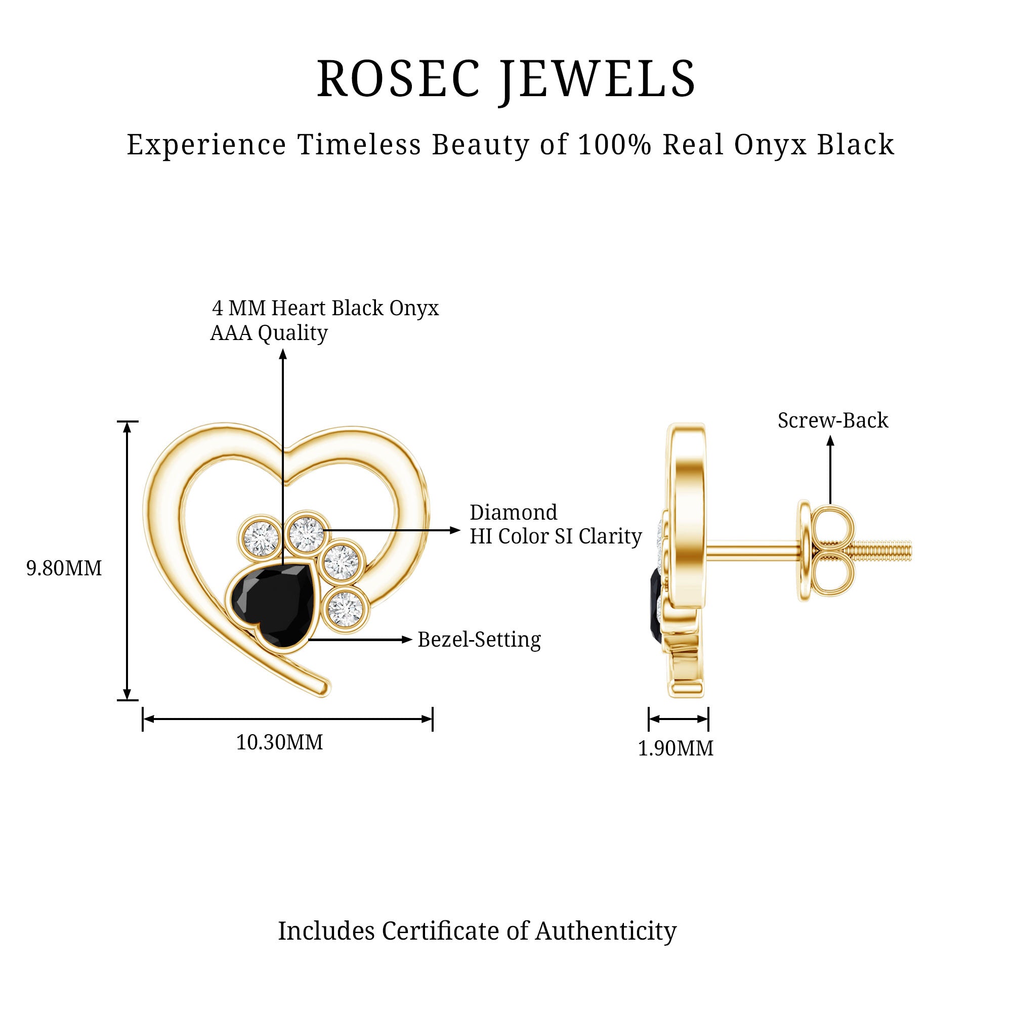 Heart Shape Black Onyx and Diamond Paw Stud Earrings AAA - Rosec Jewels