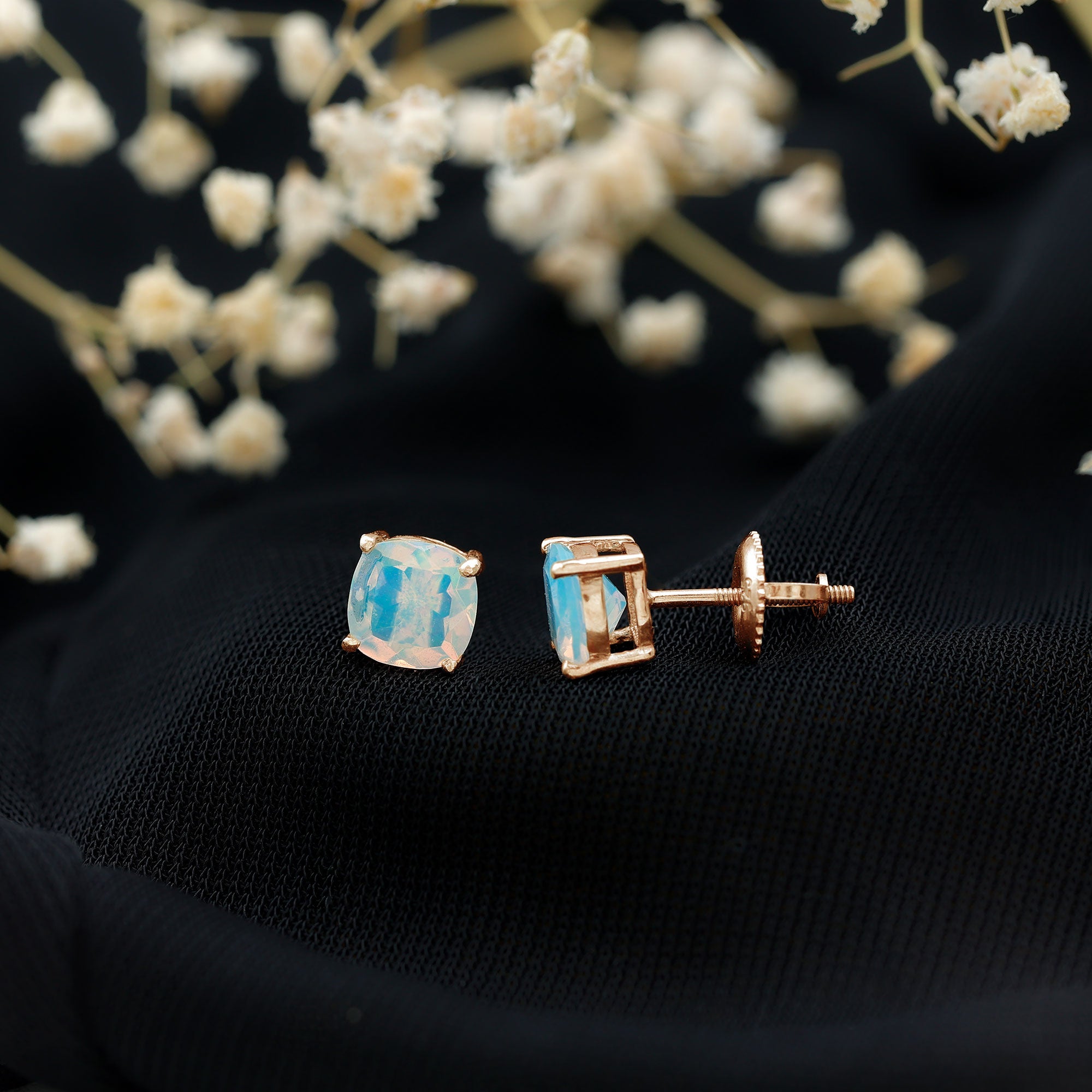 Natural Certified Cushion Cut Ethiopian Opal Stud Earrings For Women AAA - Rosec Jewels