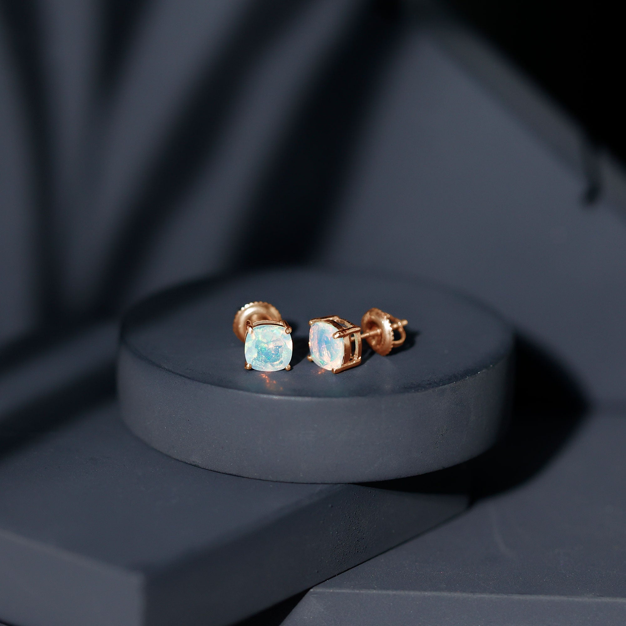 Natural Certified Cushion Cut Ethiopian Opal Stud Earrings For Women AAA - Rosec Jewels