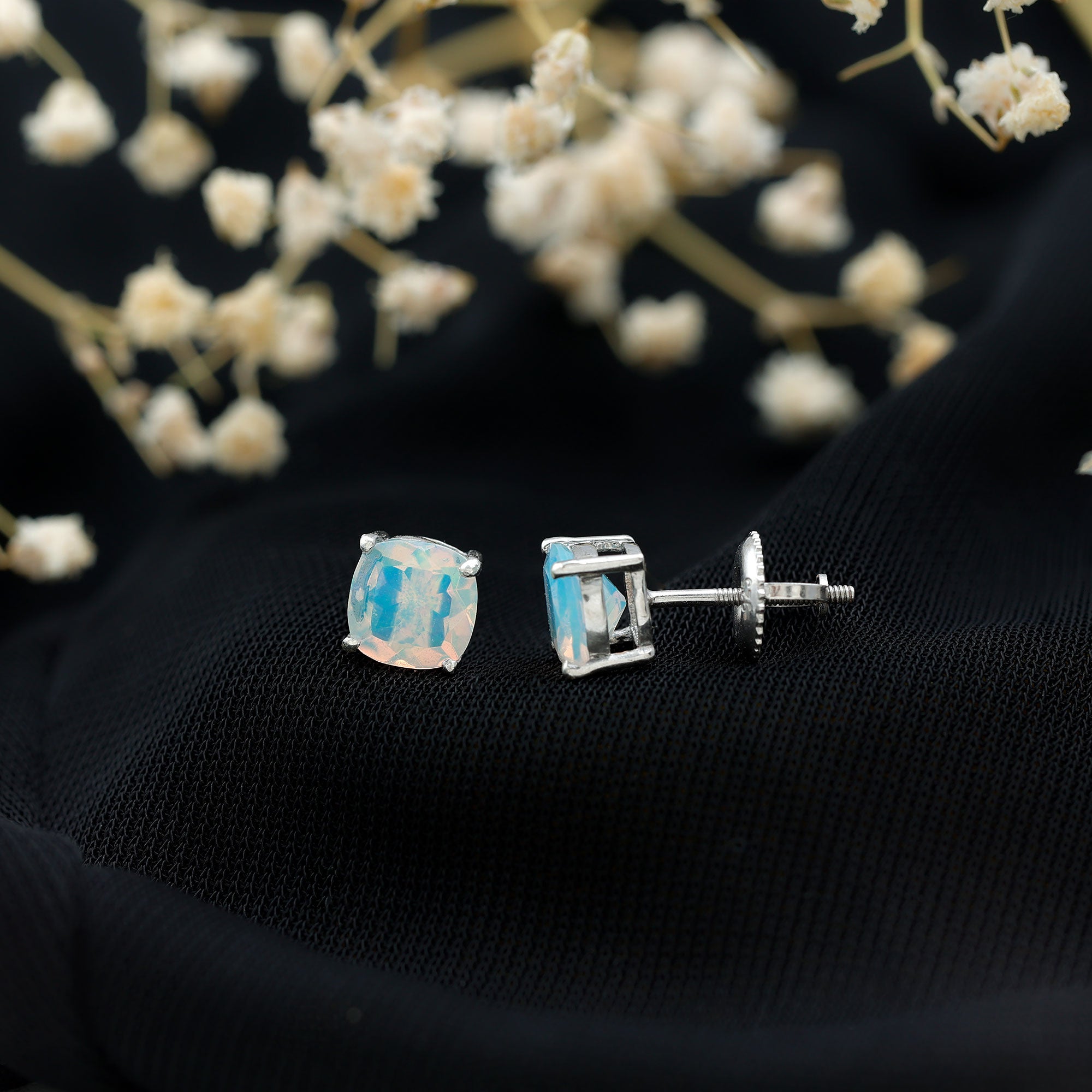 Natural Certified Cushion Cut Ethiopian Opal Stud Earrings For Women AAA - Rosec Jewels