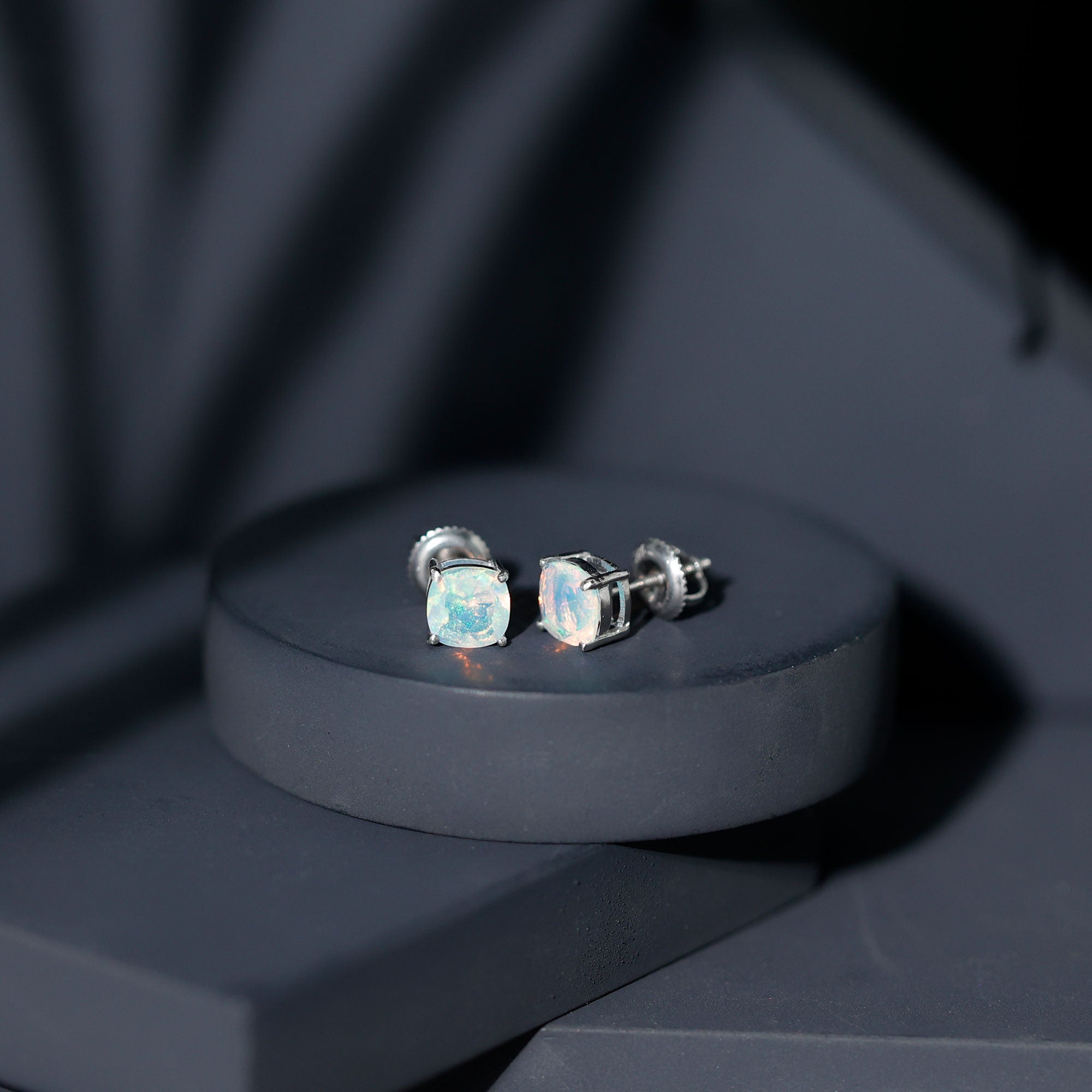 Natural Certified Cushion Cut Ethiopian Opal Stud Earrings For Women AAA - Rosec Jewels