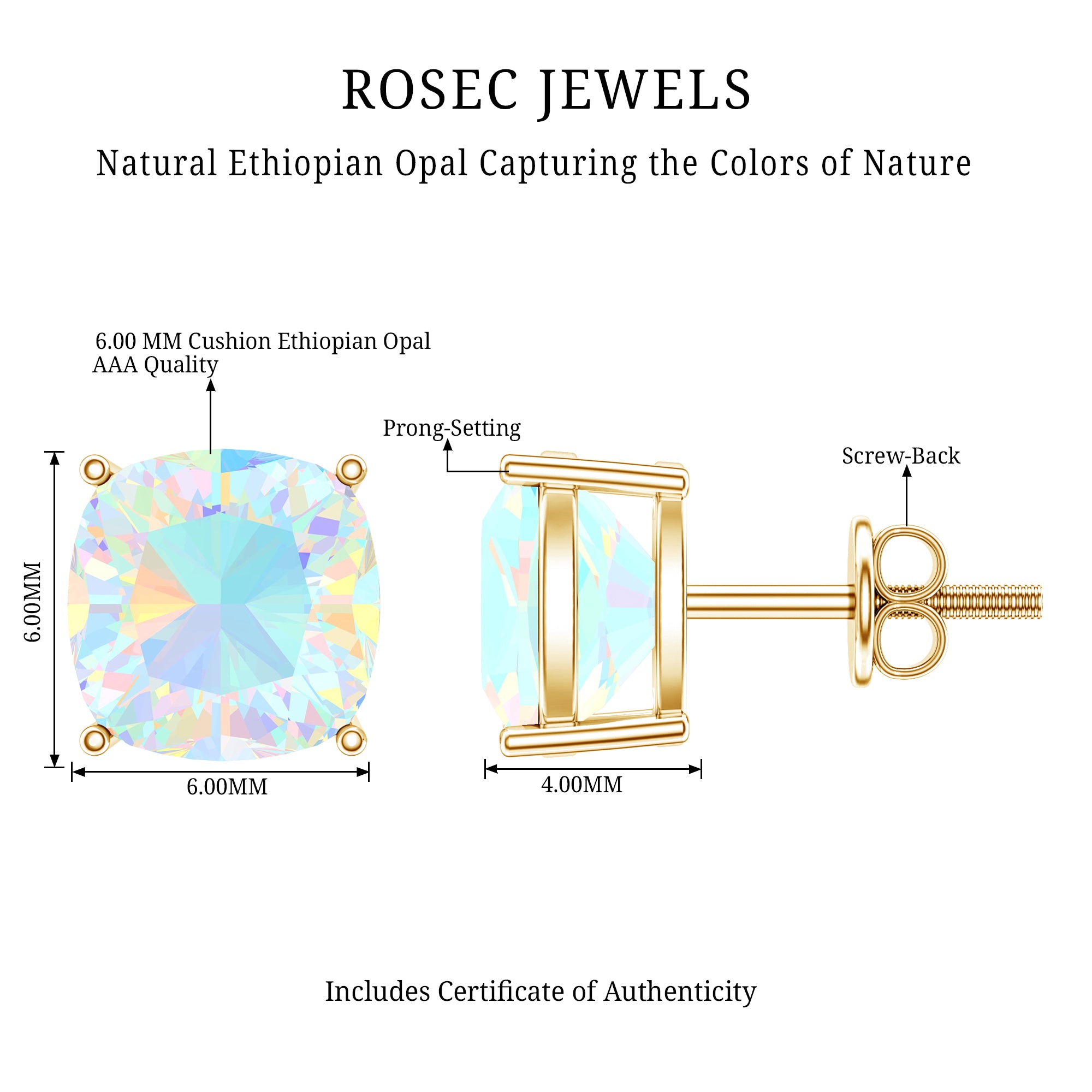 Natural Certified Cushion Cut Ethiopian Opal Stud Earrings For Women AAA - Rosec Jewels
