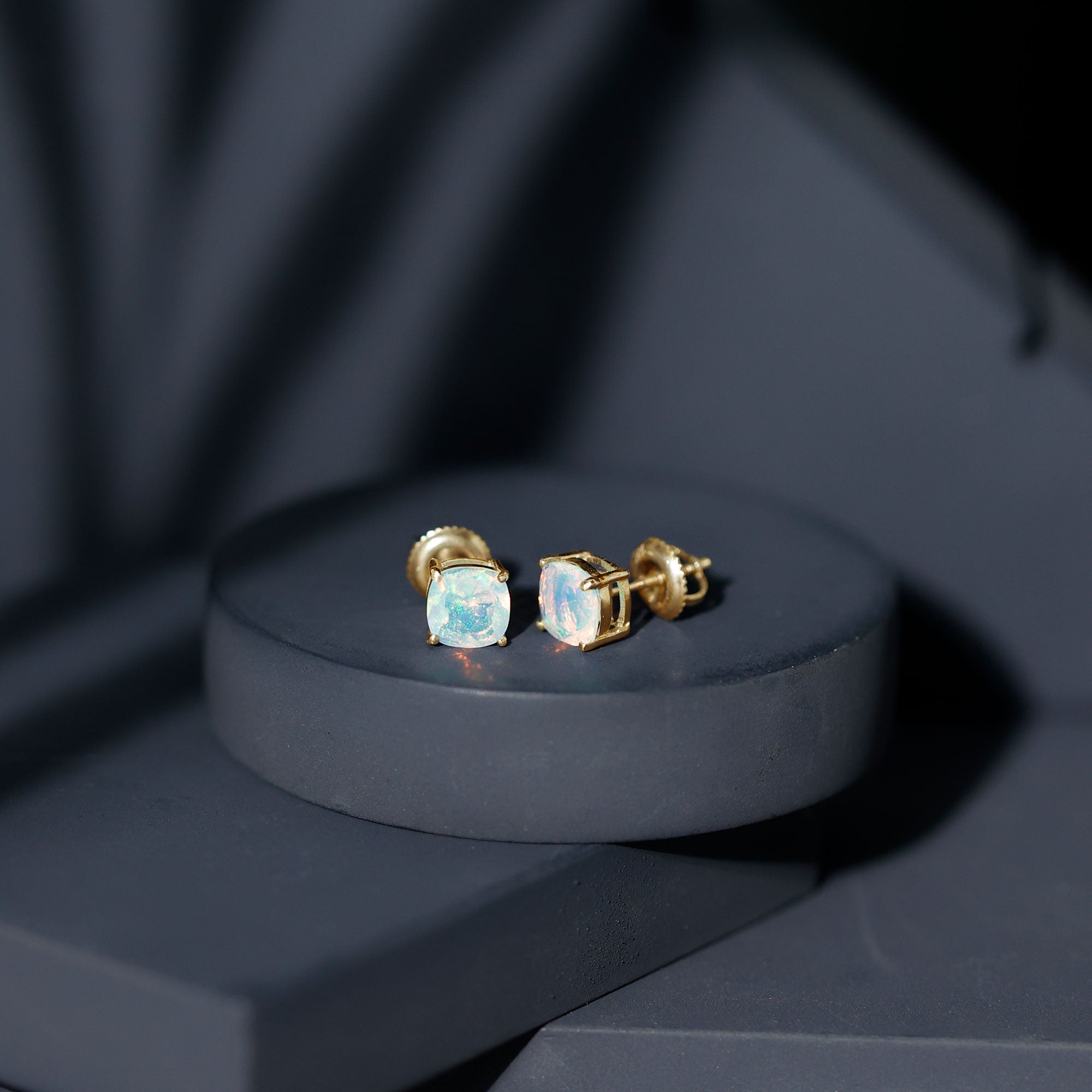 Natural Certified Cushion Cut Ethiopian Opal Stud Earrings For Women AAA - Rosec Jewels