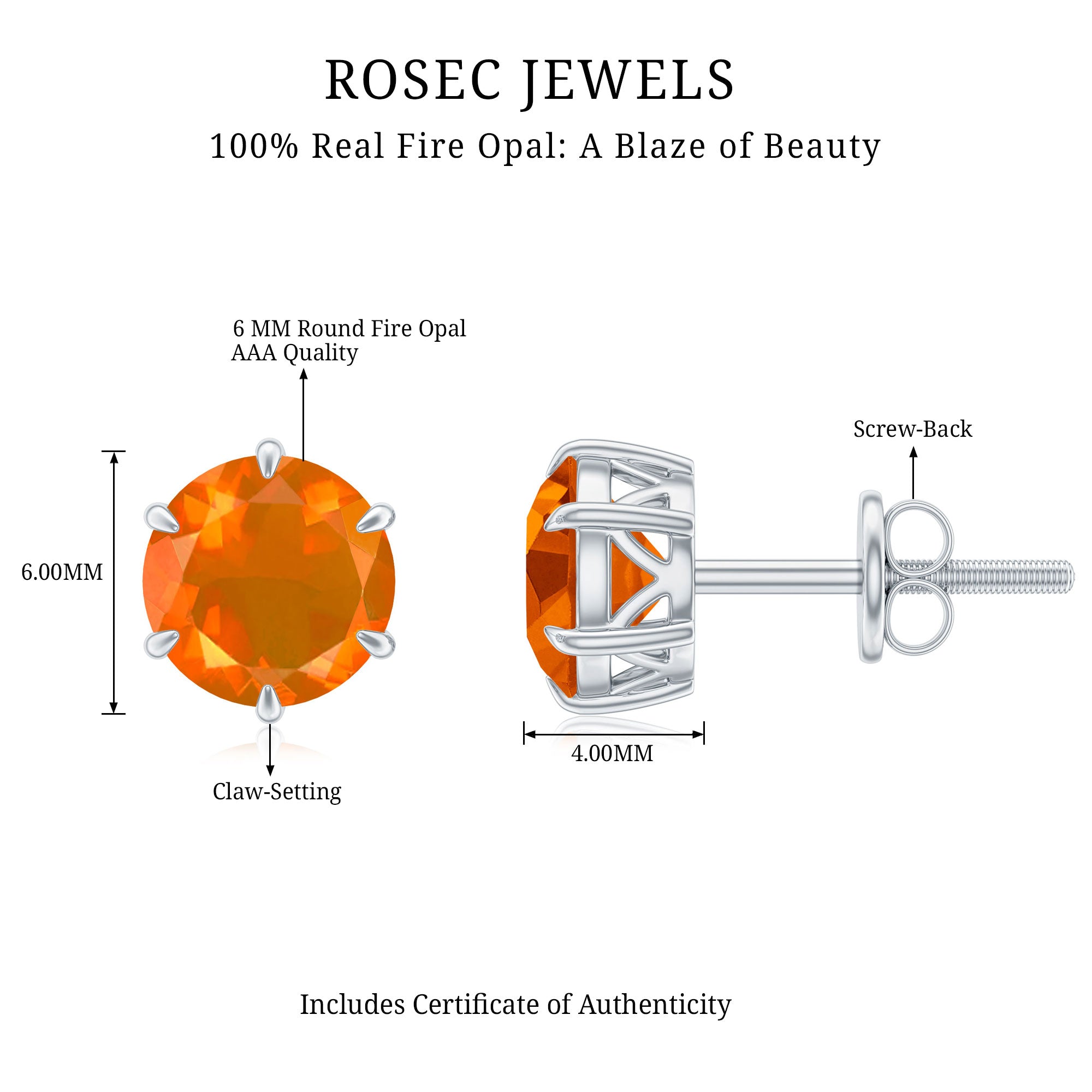 1.5 Carat Round Fire Opal Solitaire Stud Earrings AAA - Rosec Jewels