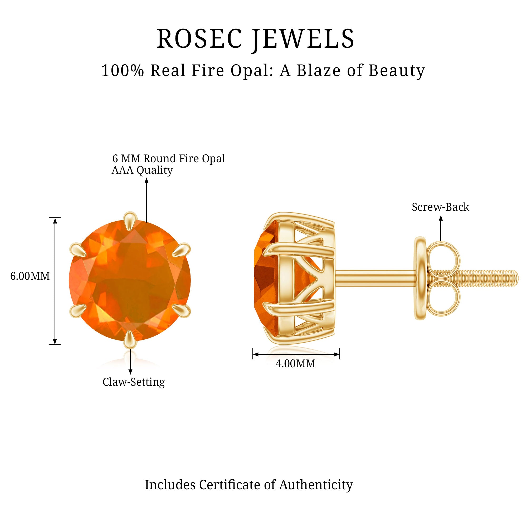 1.5 Carat Round Fire Opal Solitaire Stud Earrings AAA - Rosec Jewels