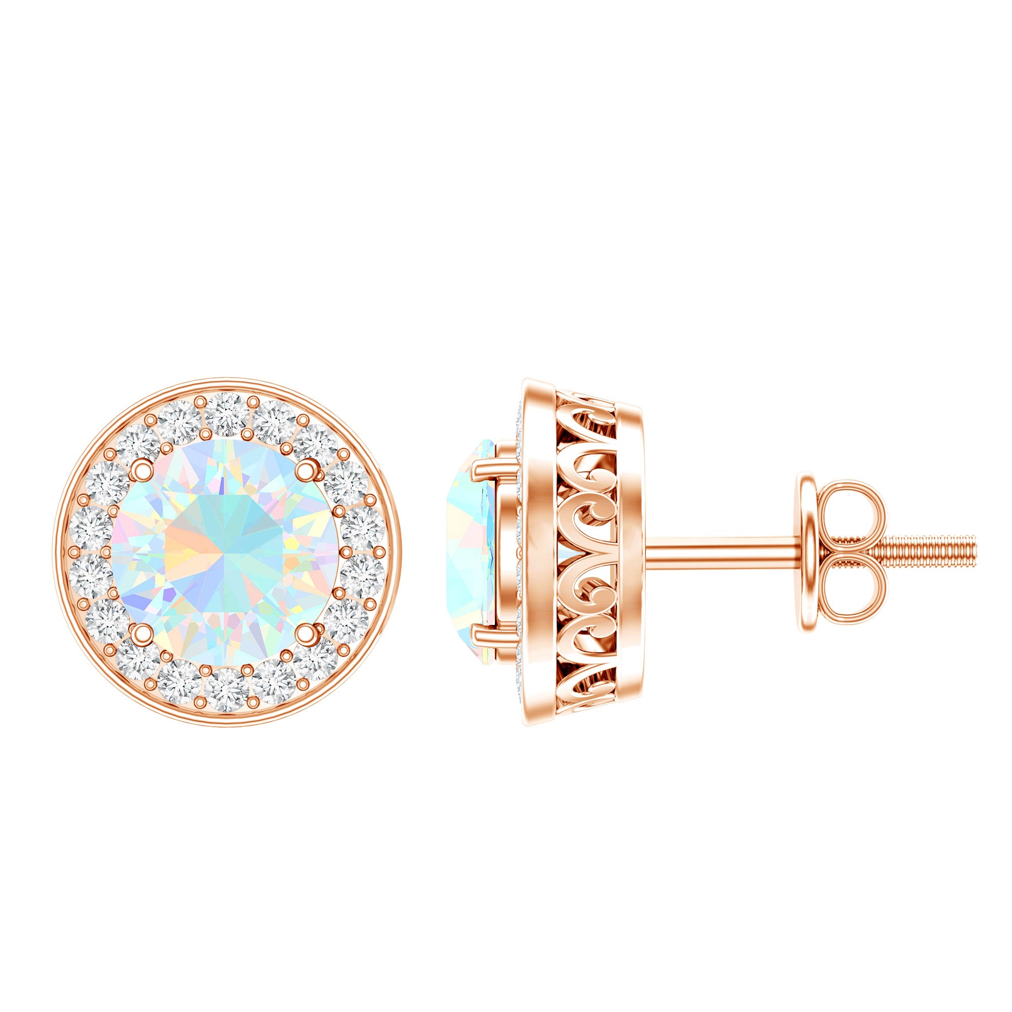 1.6 Carat Round Ethiopian Opal and Diamond Halo Stud Earrings AAA - Rosec Jewels