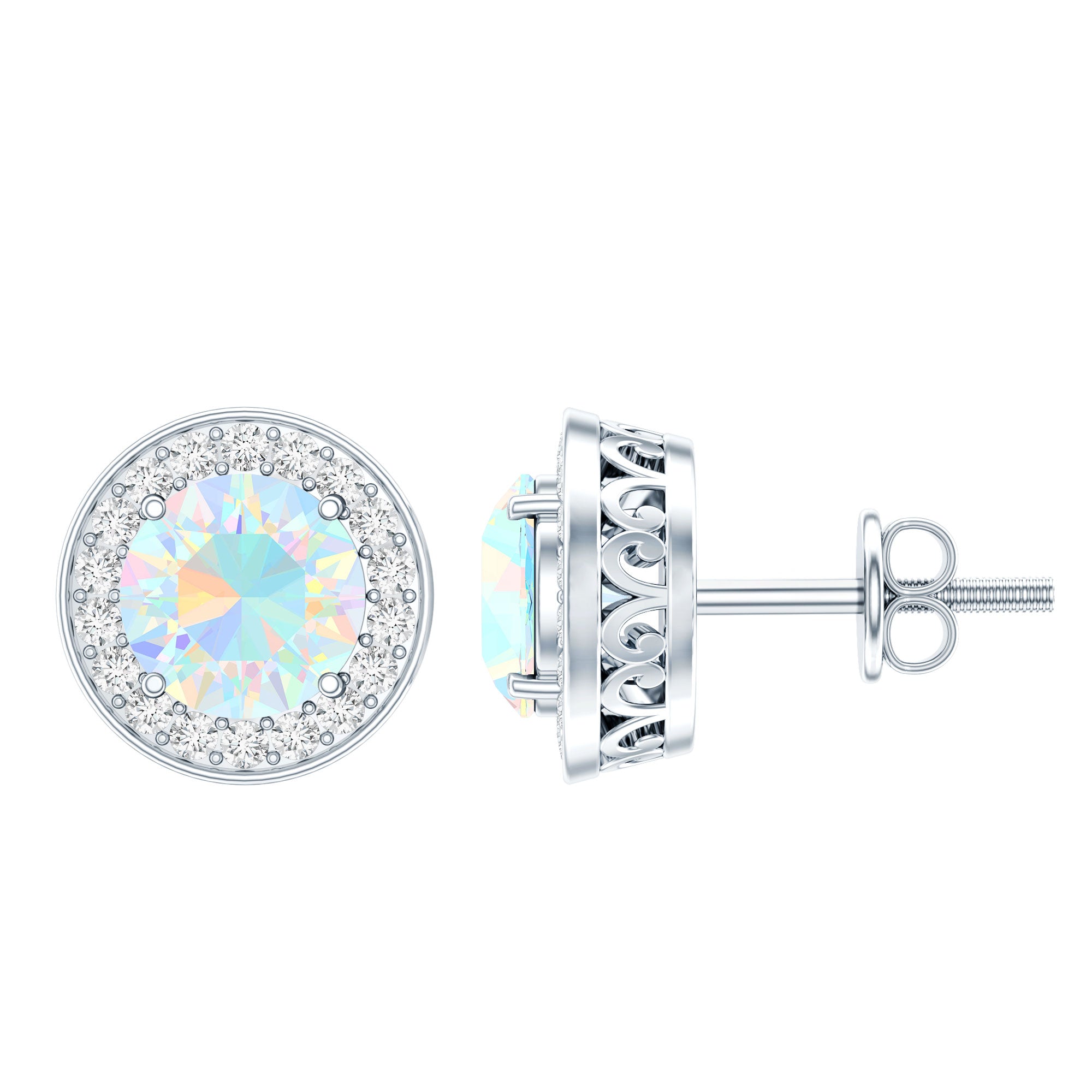 1.6 Carat Round Ethiopian Opal and Diamond Halo Stud Earrings AAA - Rosec Jewels