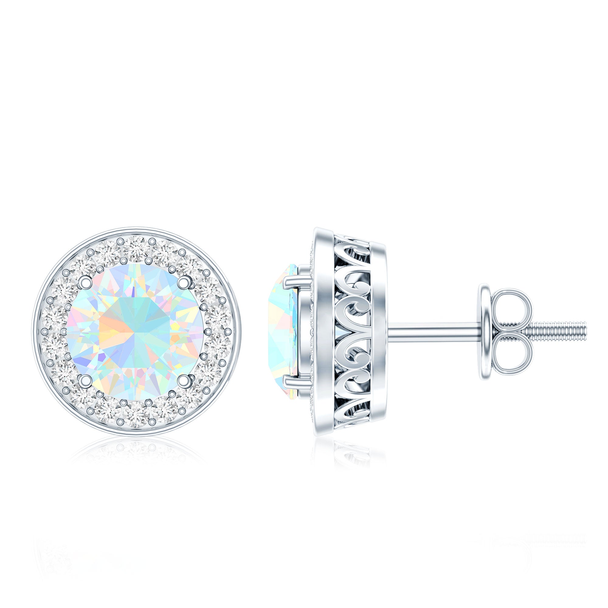 1.6 Carat Round Ethiopian Opal and Diamond Halo Stud Earrings AAA - Rosec Jewels