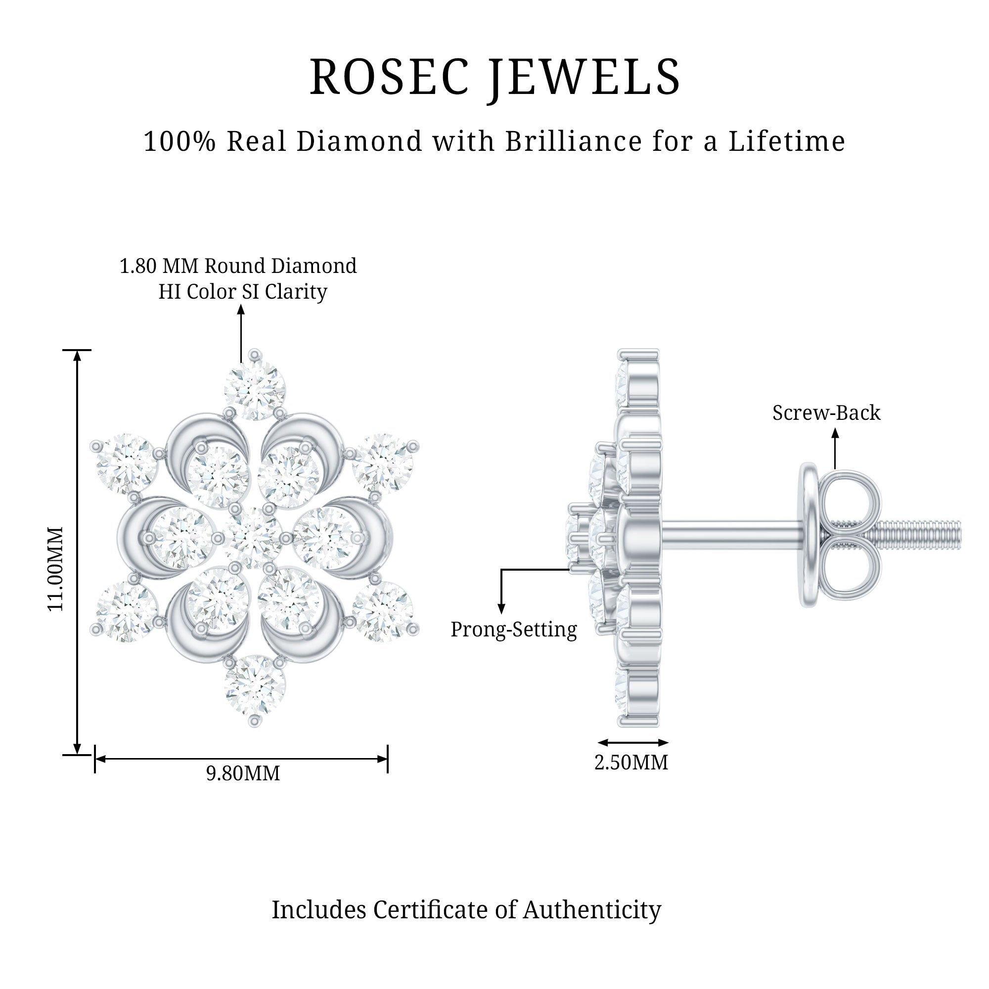 Certified Diamond Snowflake Stud Earrings Natural - ( HI-SI ) - Rosec Jewels