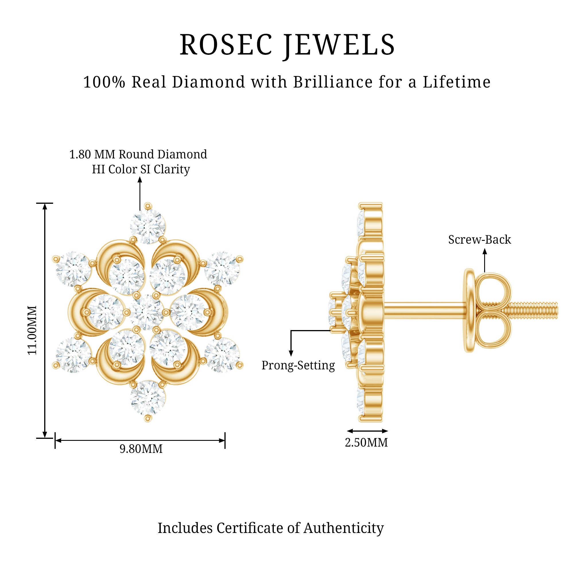 Certified Diamond Snowflake Stud Earrings Natural - ( HI-SI ) - Rosec Jewels