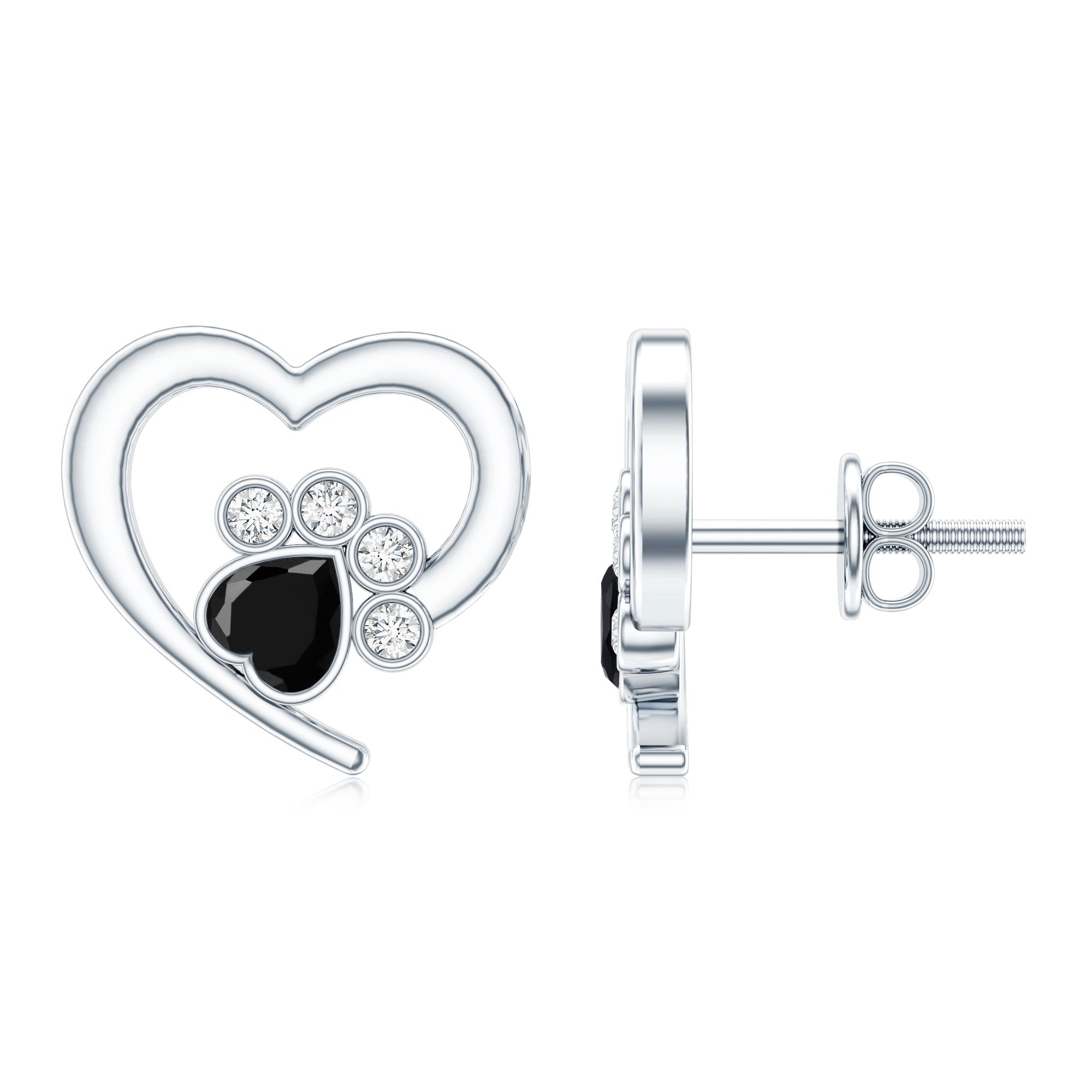 Heart Shape Black Spinel Paw Stud Earrings with Moissanite AAA - Rosec Jewels