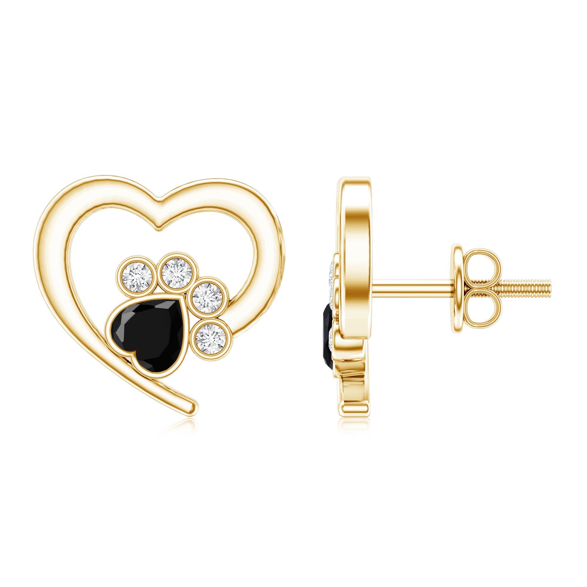 Heart Shape Black Spinel Paw Stud Earrings with Moissanite AAA - Rosec Jewels
