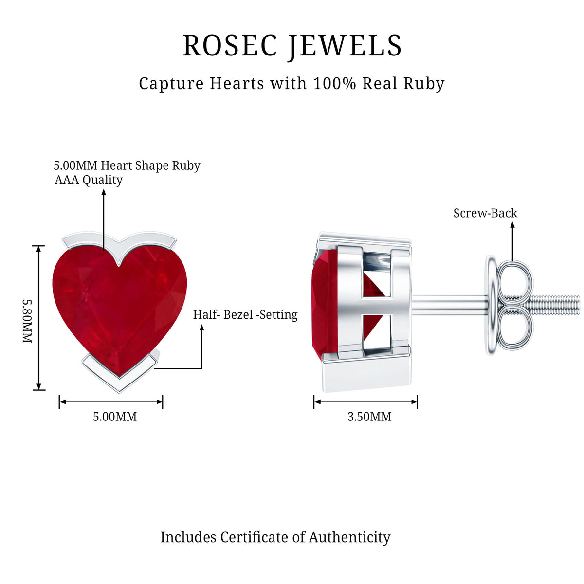 1.3 CT Heart Shape Ruby Solitaire Stud Earrings AAA - Rosec Jewels