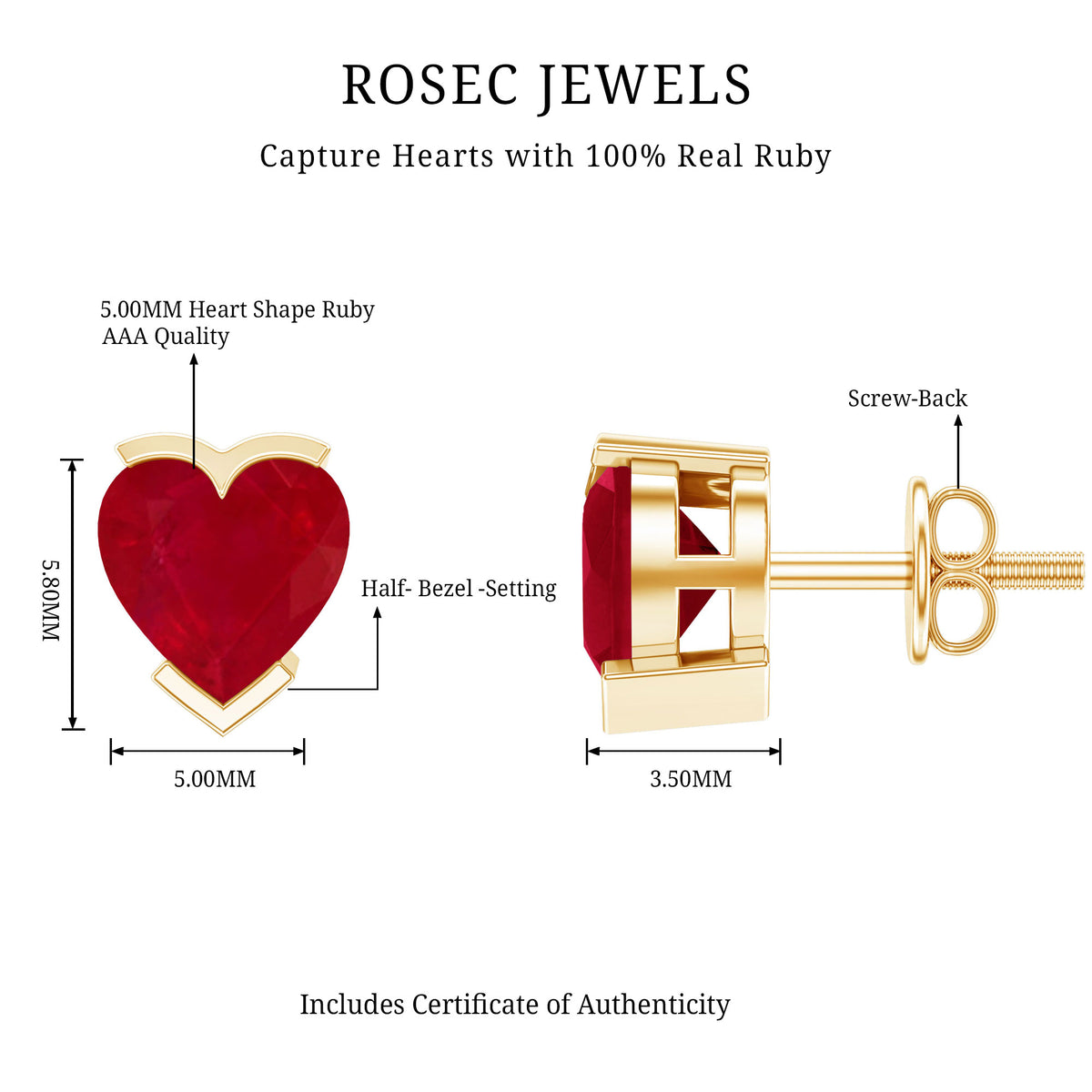 1.3 CT Heart Shape Ruby Solitaire Stud Earrings AAA - Rosec Jewels