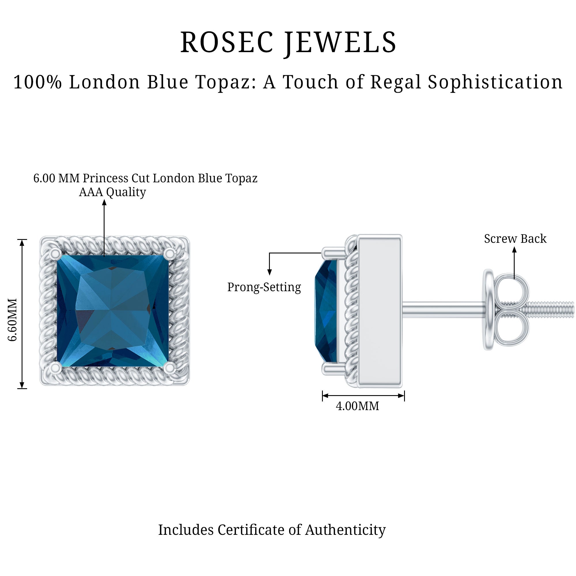 2 Carat Princess Cut London Blue Topaz Stud Earrings AAA - Rosec Jewels