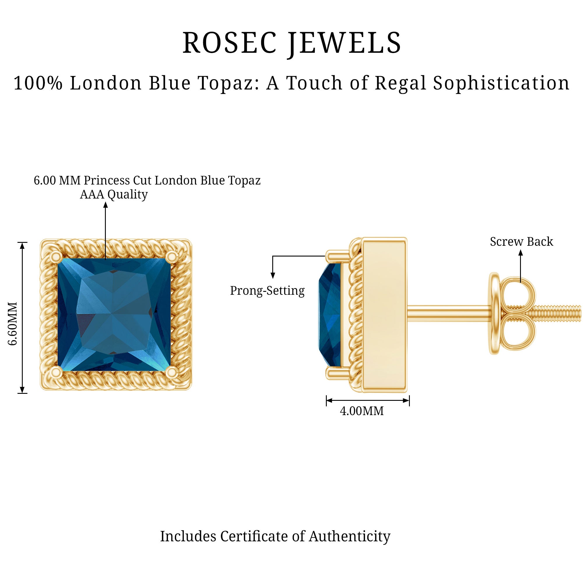 2 Carat Princess Cut London Blue Topaz Stud Earrings AAA - Rosec Jewels