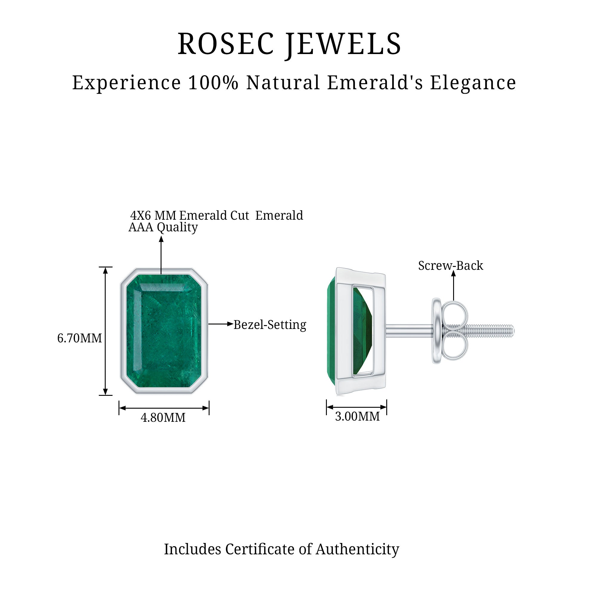 Natural Emerald Cut 4X6 MM Emerald Stud Earrings AAA - Rosec Jewels