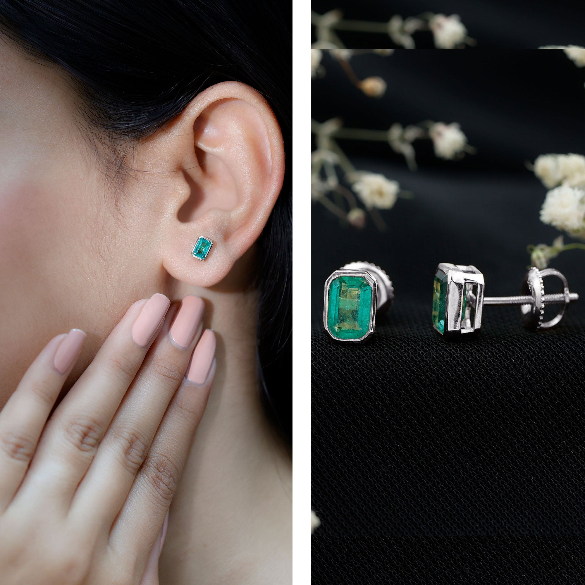 Natural Emerald Cut 4X6 MM Emerald Stud Earrings AAA - Rosec Jewels