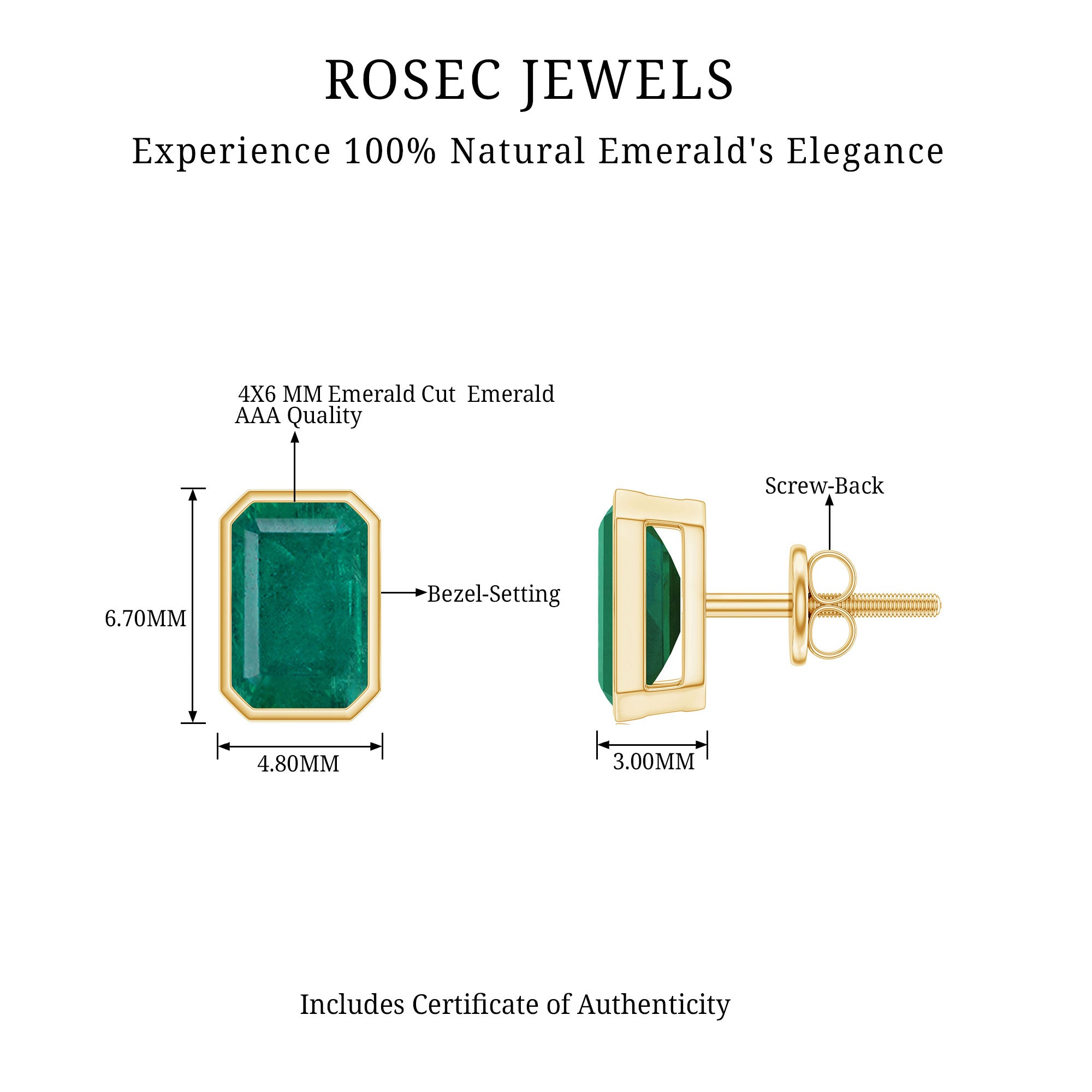 Natural Emerald Cut 4X6 MM Emerald Stud Earrings AAA - Rosec Jewels