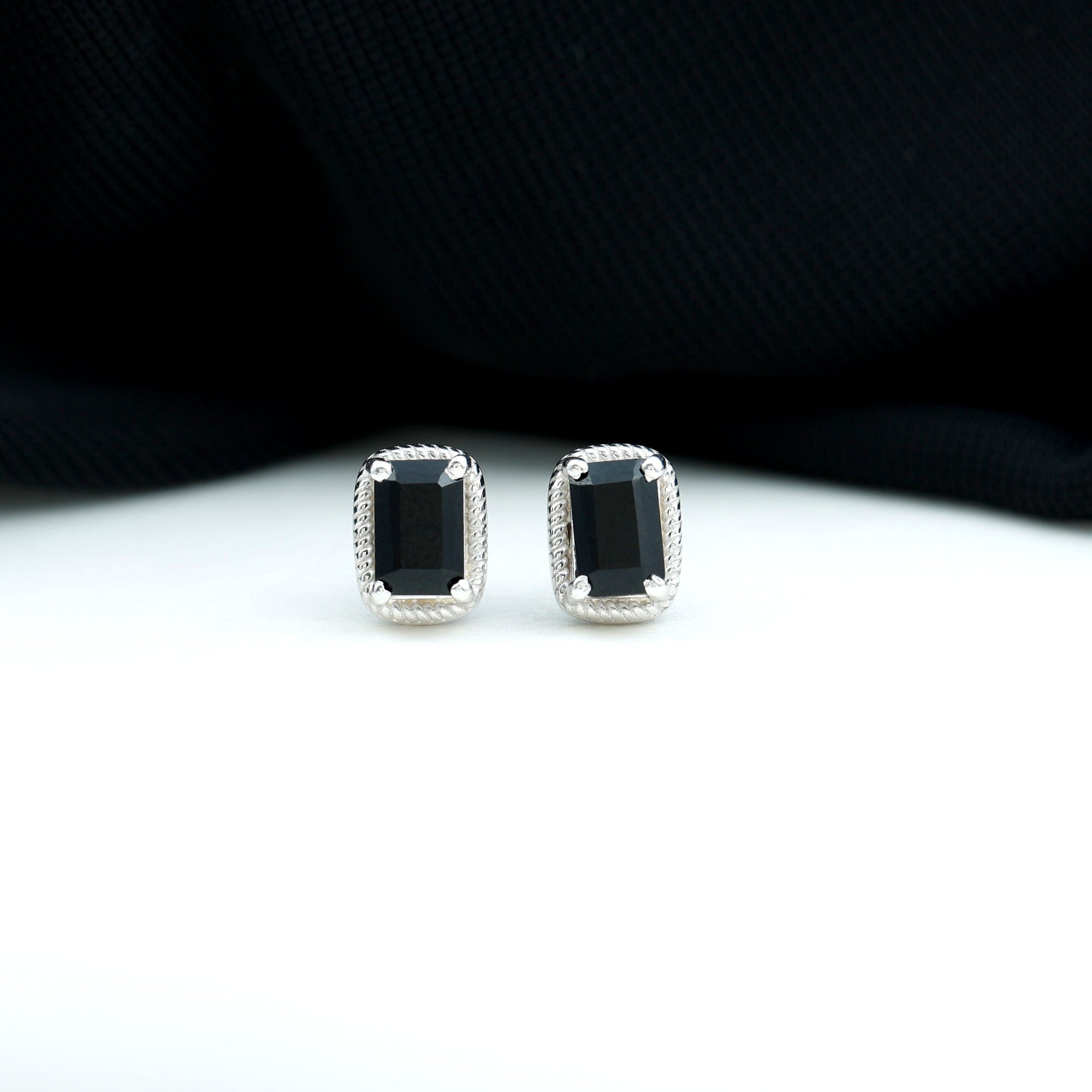 Genuine Black Onyx Emerald Cut Stud Earring with Twisted Rose Frame AAA - Rosec Jewels
