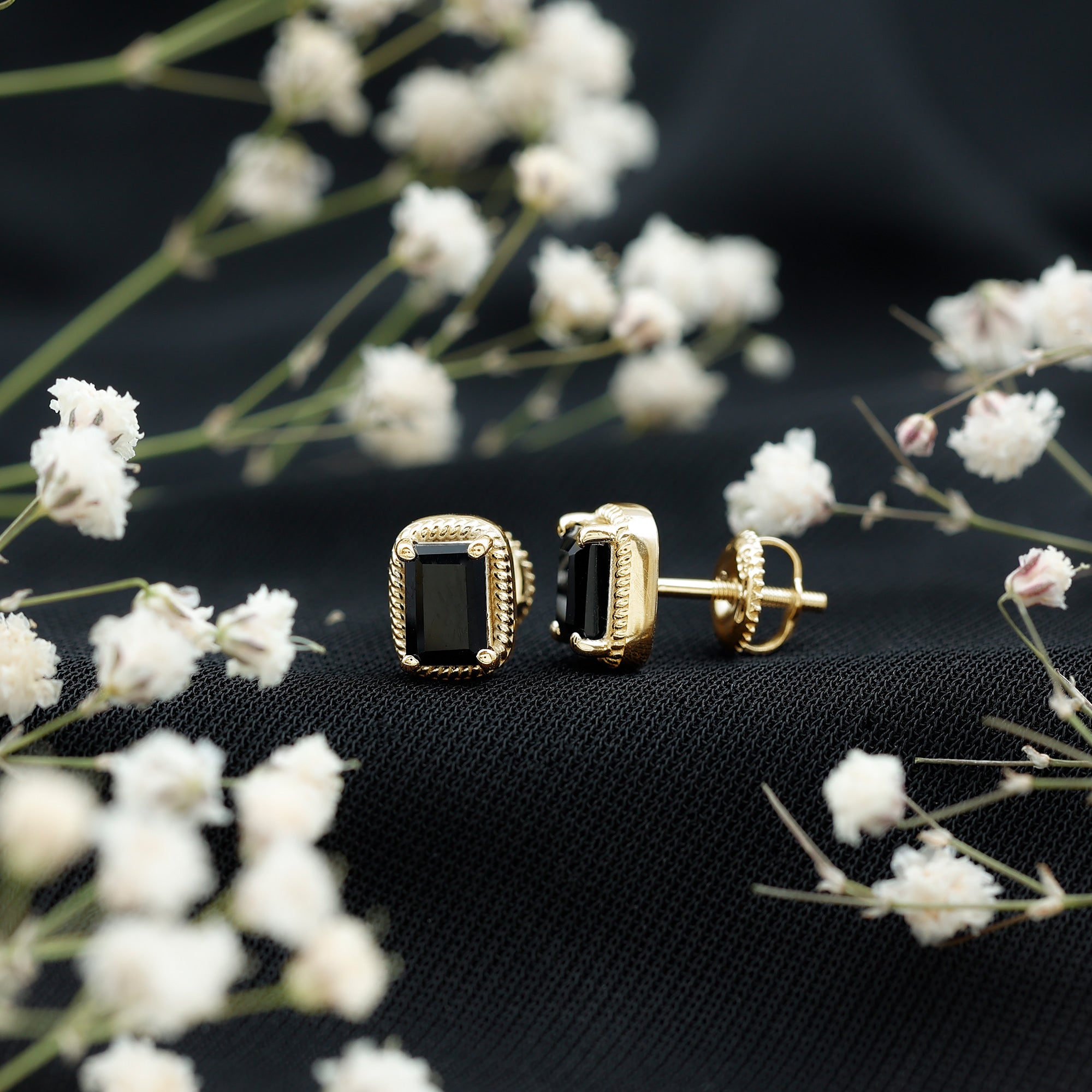Genuine Black Onyx Emerald Cut Stud Earring with Twisted Rose Frame AAA - Rosec Jewels