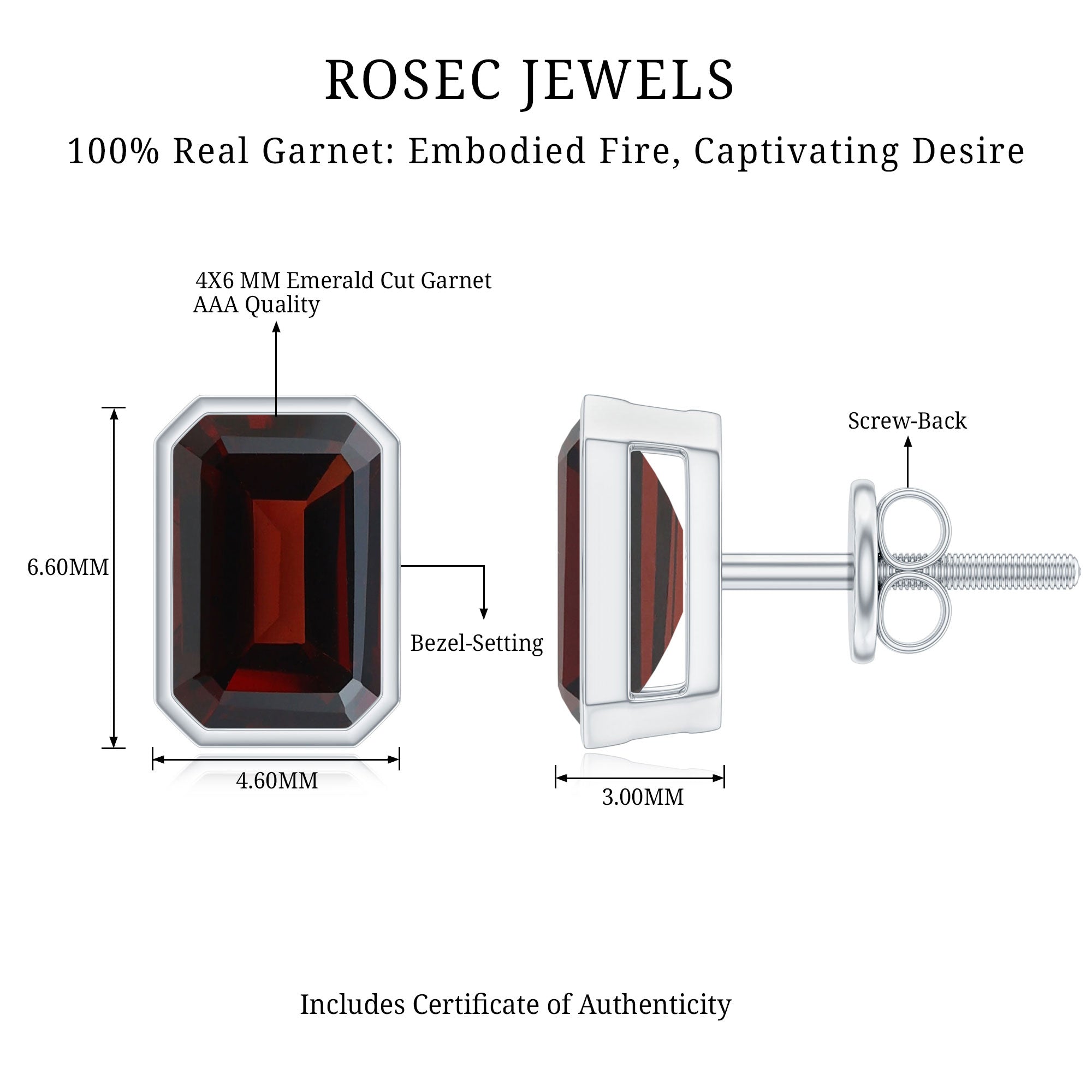 1.5 CT Emerald Cut Garnet Solitaire Stud Earrings in Bezel Setting AAA - Rosec Jewels