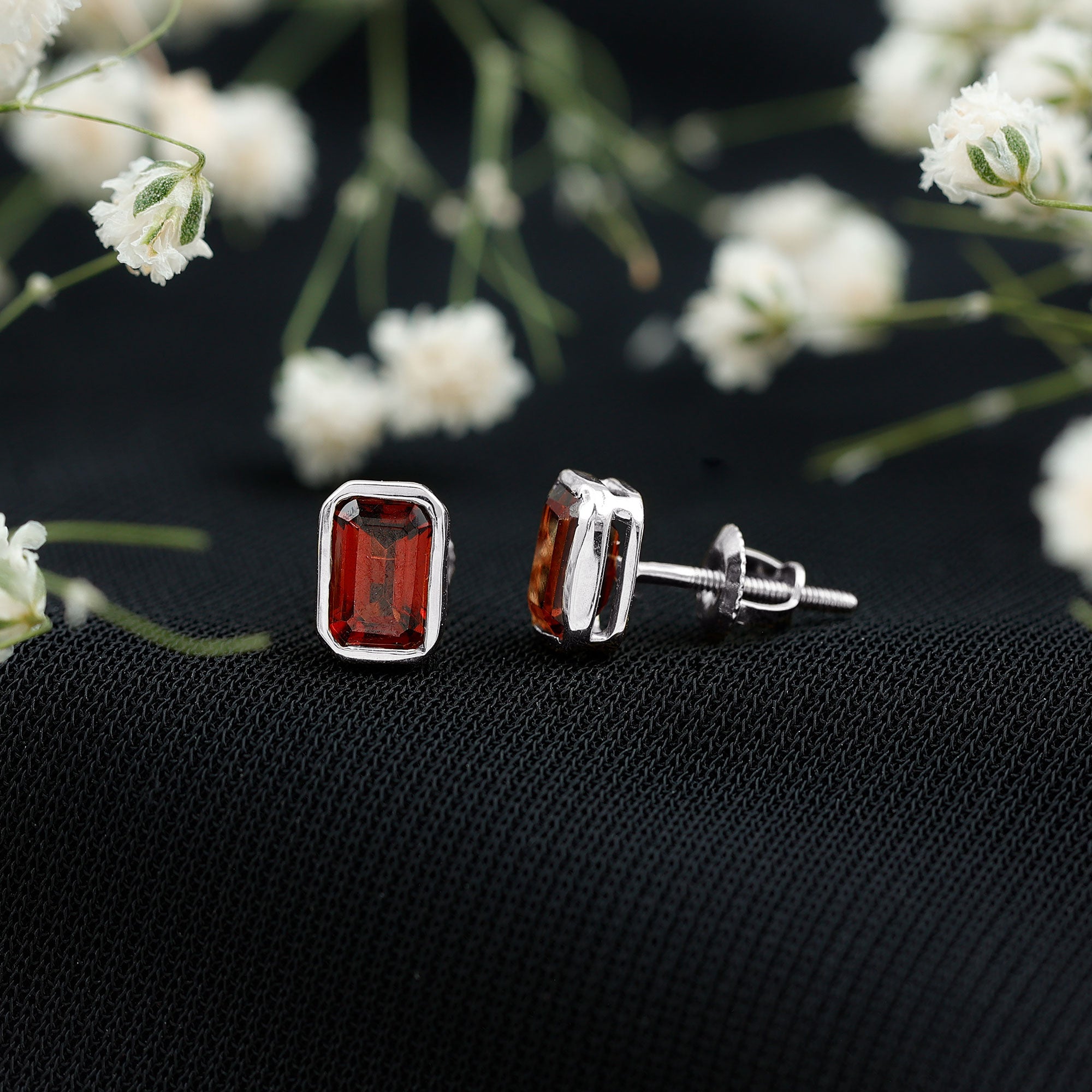 1.5 CT Emerald Cut Garnet Solitaire Stud Earrings in Bezel Setting AAA - Rosec Jewels
