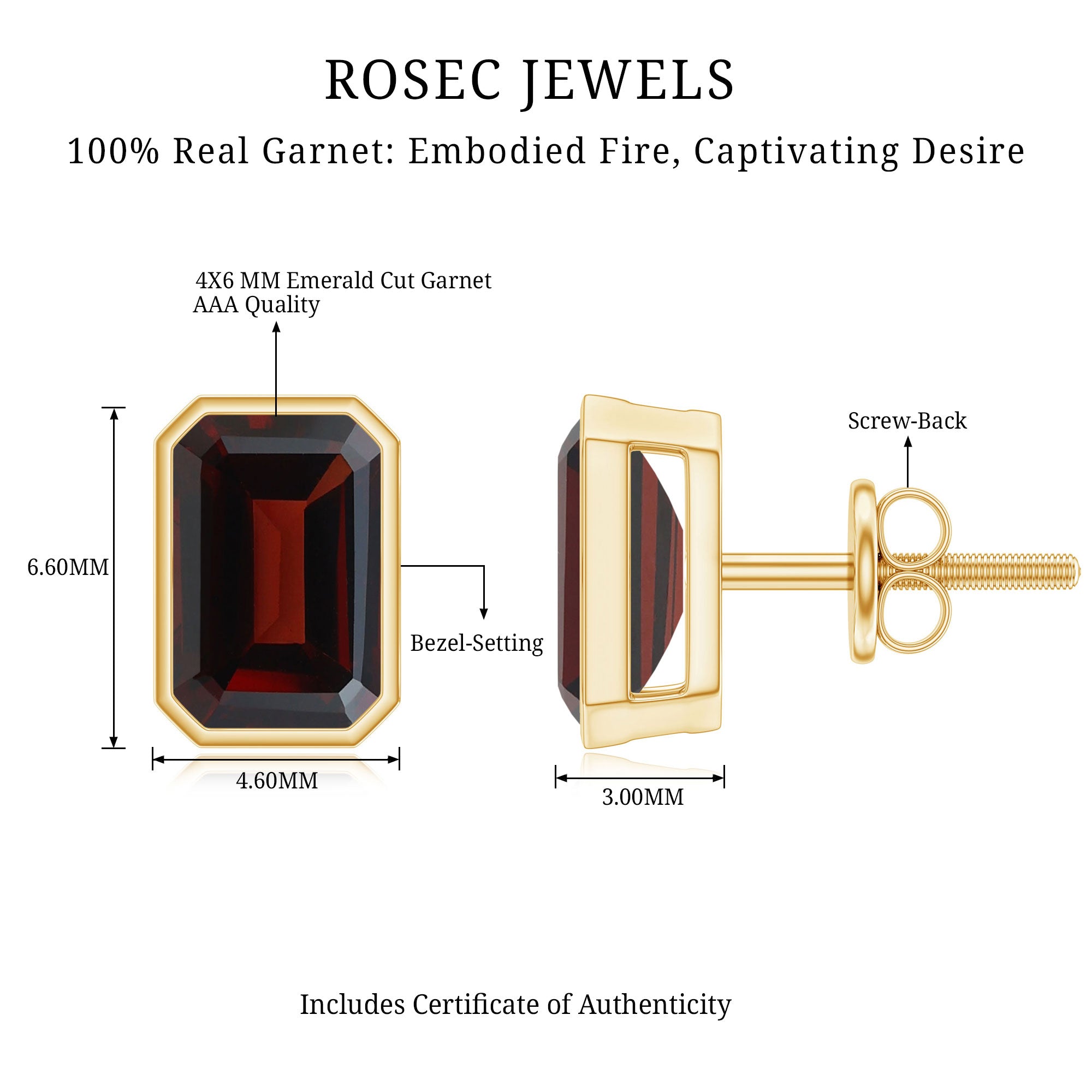 1.5 CT Emerald Cut Garnet Solitaire Stud Earrings in Bezel Setting AAA - Rosec Jewels
