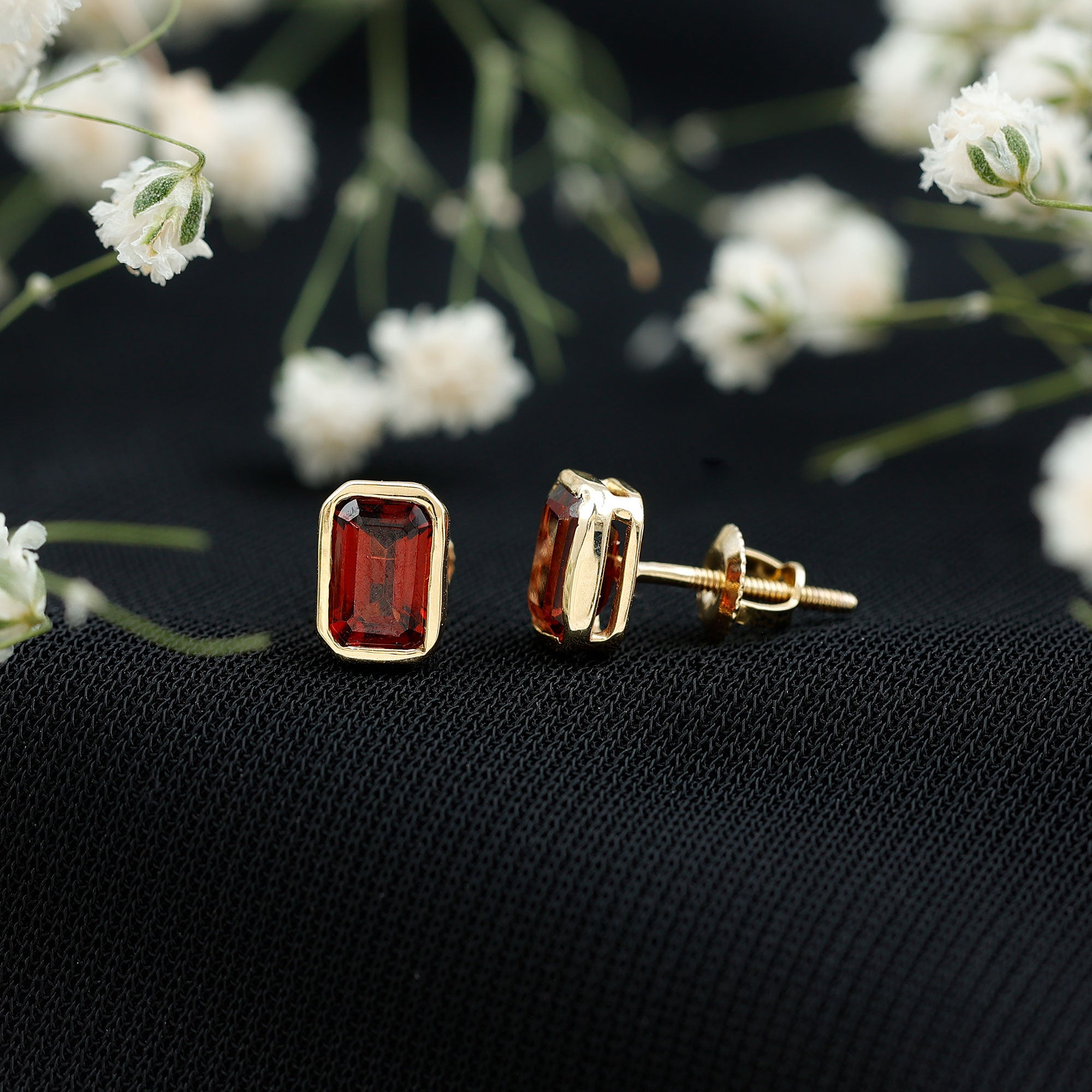 1.5 CT Emerald Cut Garnet Solitaire Stud Earrings in Bezel Setting AAA - Rosec Jewels