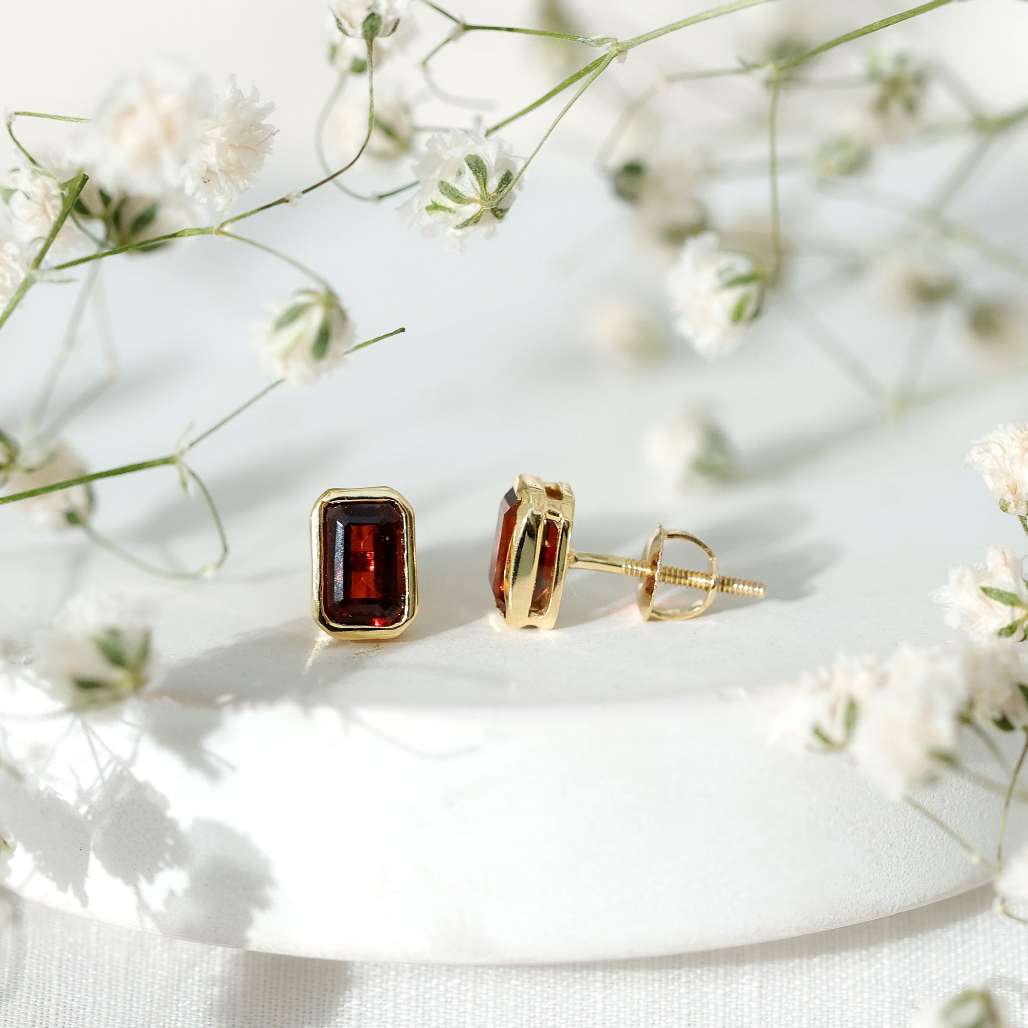 1.5 CT Emerald Cut Garnet Solitaire Stud Earrings in Bezel Setting AAA - Rosec Jewels
