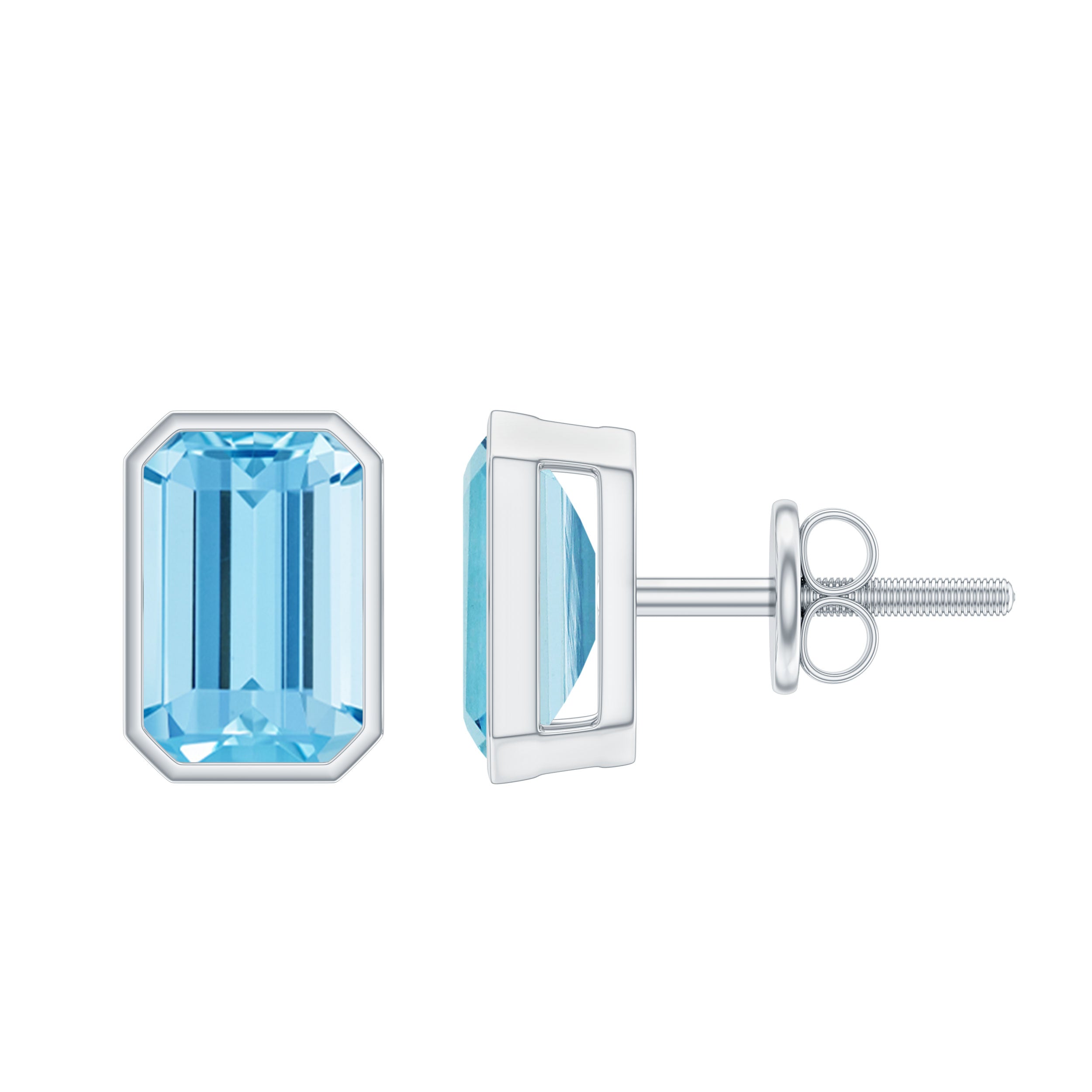 Natural 4X6 MM Emerald Cut Aquamarine Stud Earrings
