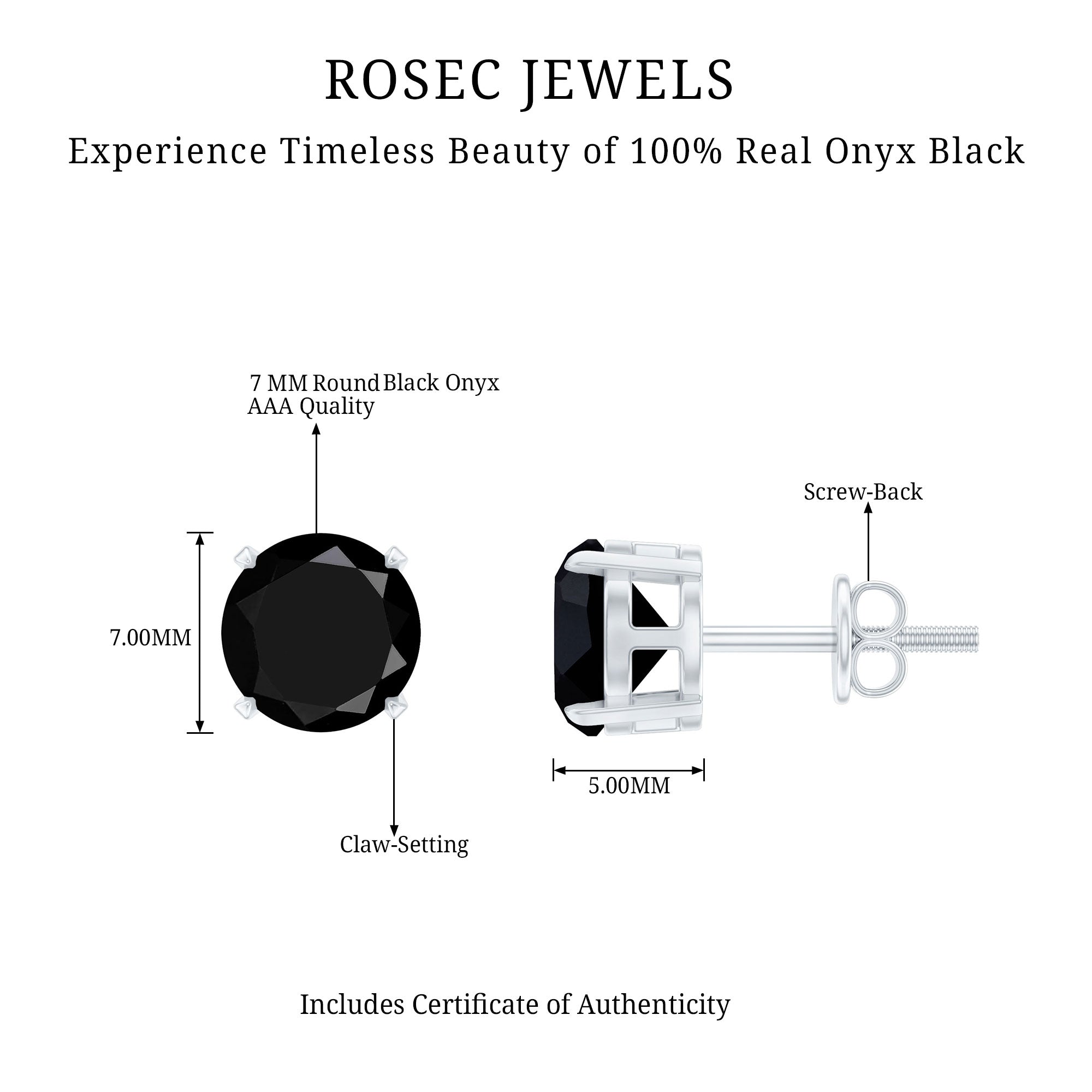 Round Cut Black Onyx Solitaire Stud Earrings AAA - Rosec Jewels