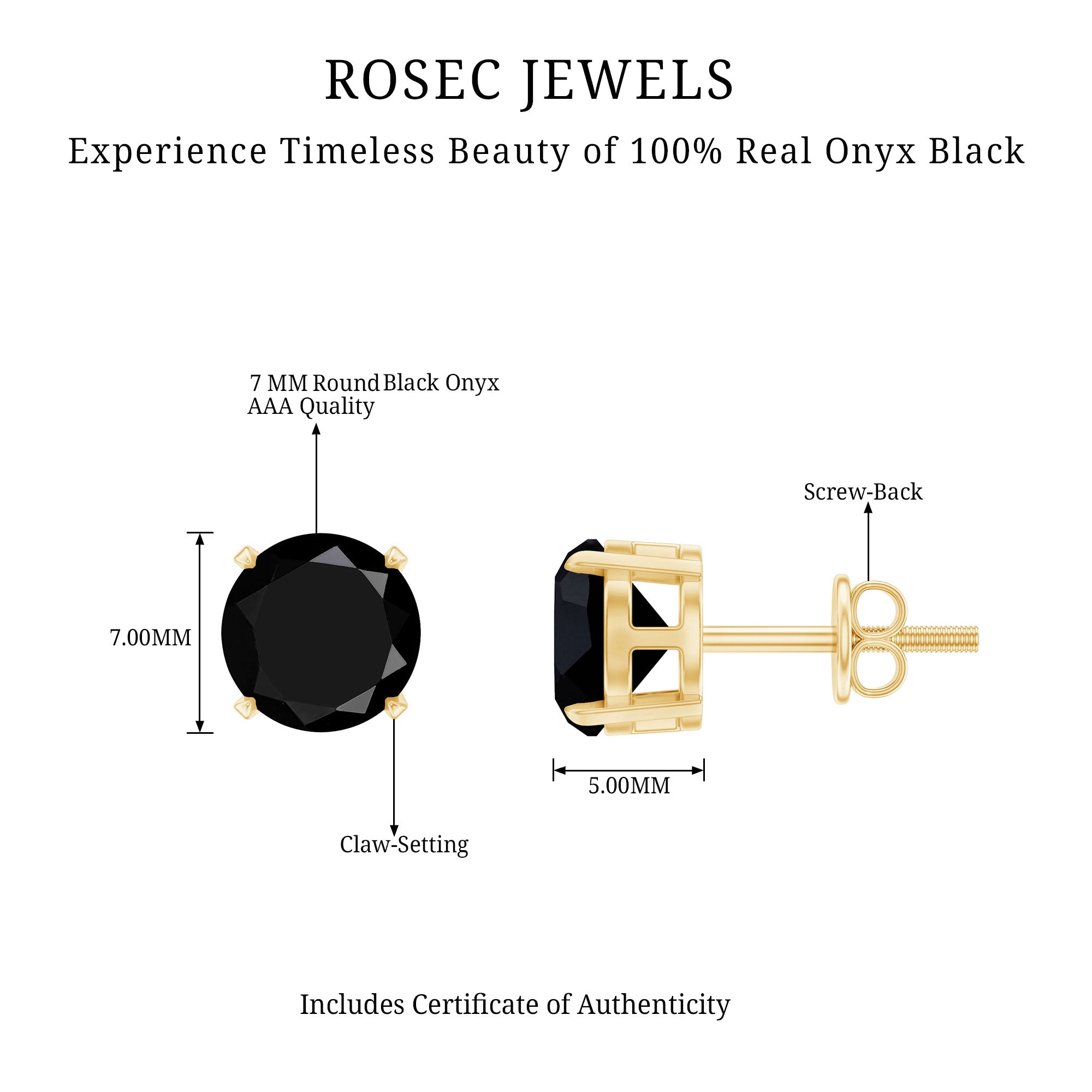 Round Cut Black Onyx Solitaire Stud Earrings AAA - Rosec Jewels