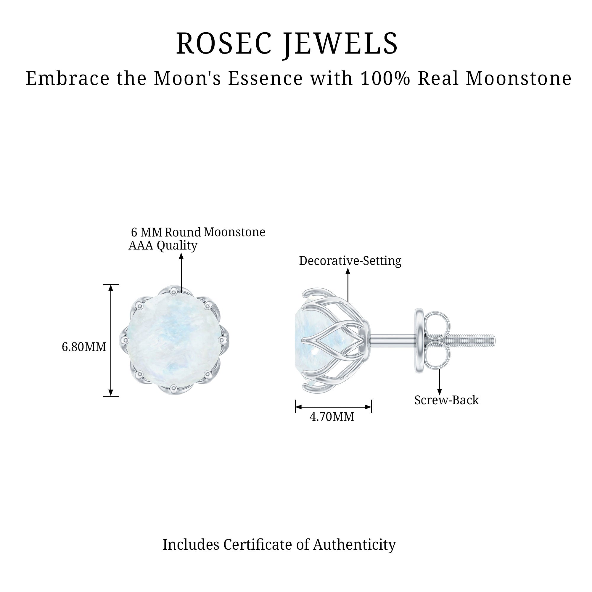 6 MM Decorative Set Moonstone Solitaire Stud Earrings AAA - Rosec Jewels
