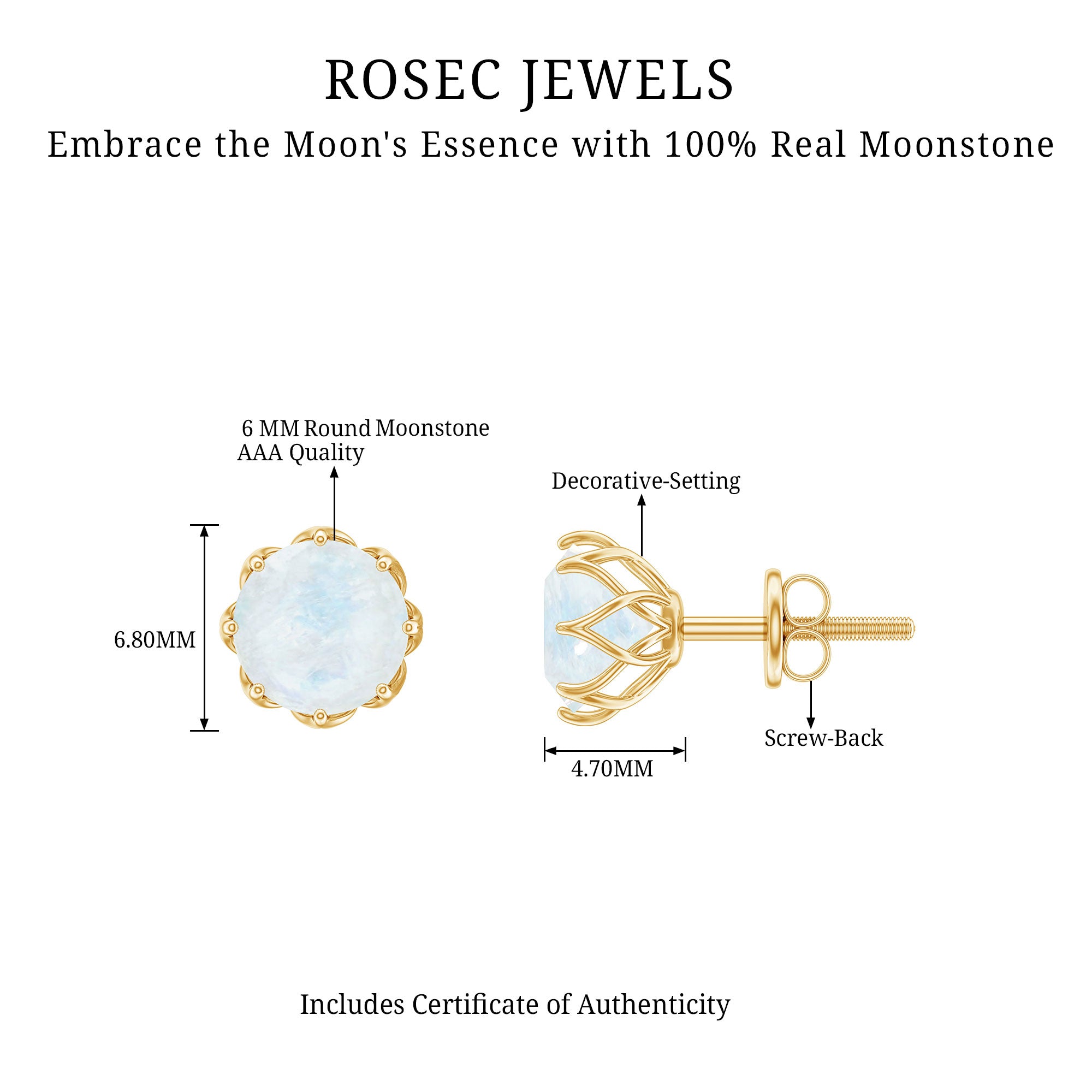 6 MM Decorative Set Moonstone Solitaire Stud Earrings AAA - Rosec Jewels