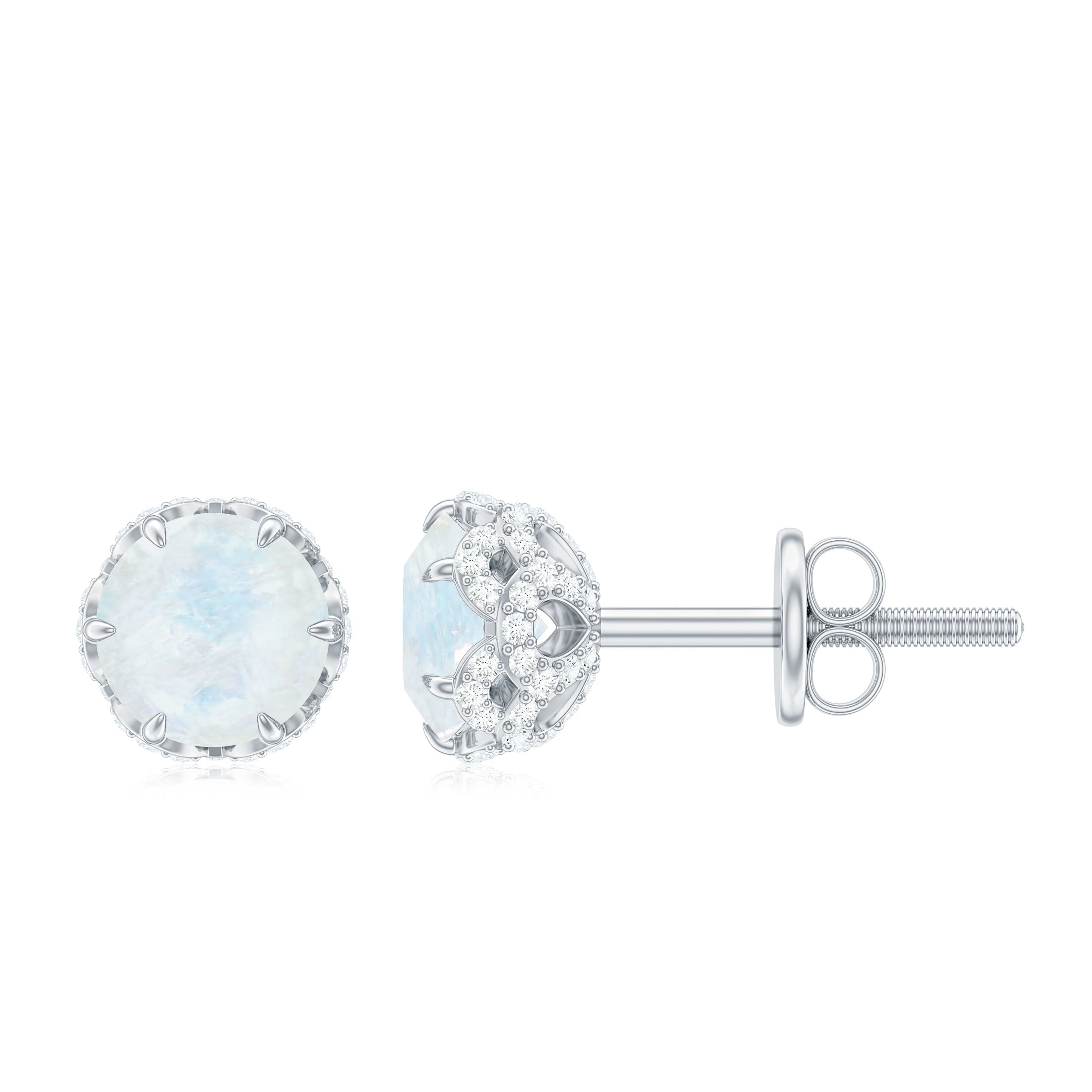 Round Cut Genuine Moonstone and Diamond Stud Earrings AAA - Rosec Jewels