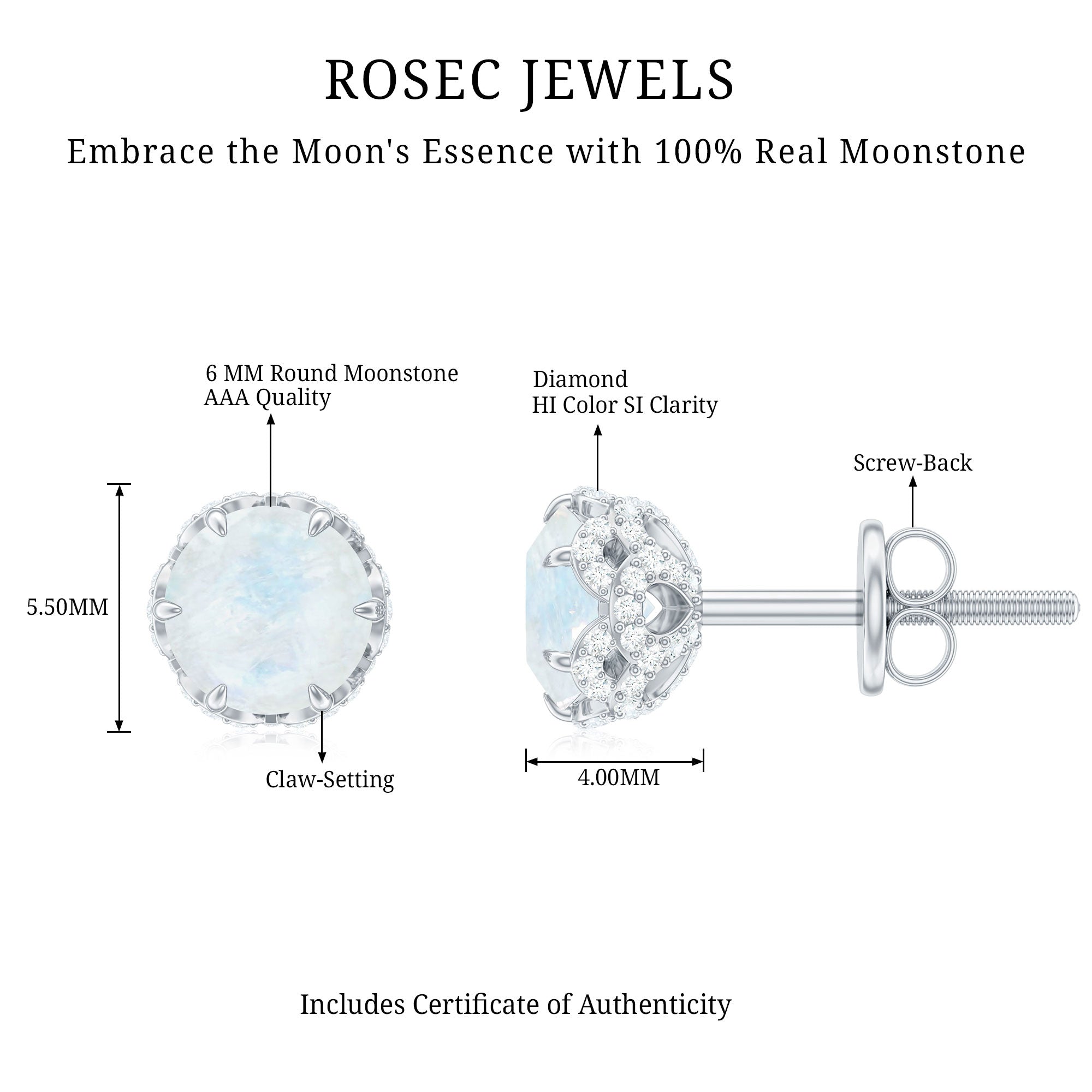 Round Cut Genuine Moonstone and Diamond Stud Earrings AAA - Rosec Jewels