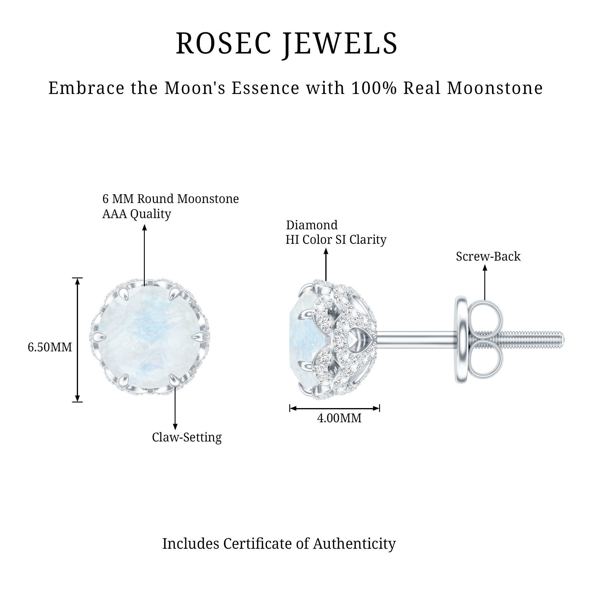Round Cut Genuine Moonstone and Diamond Stud Earrings AAA - Rosec Jewels