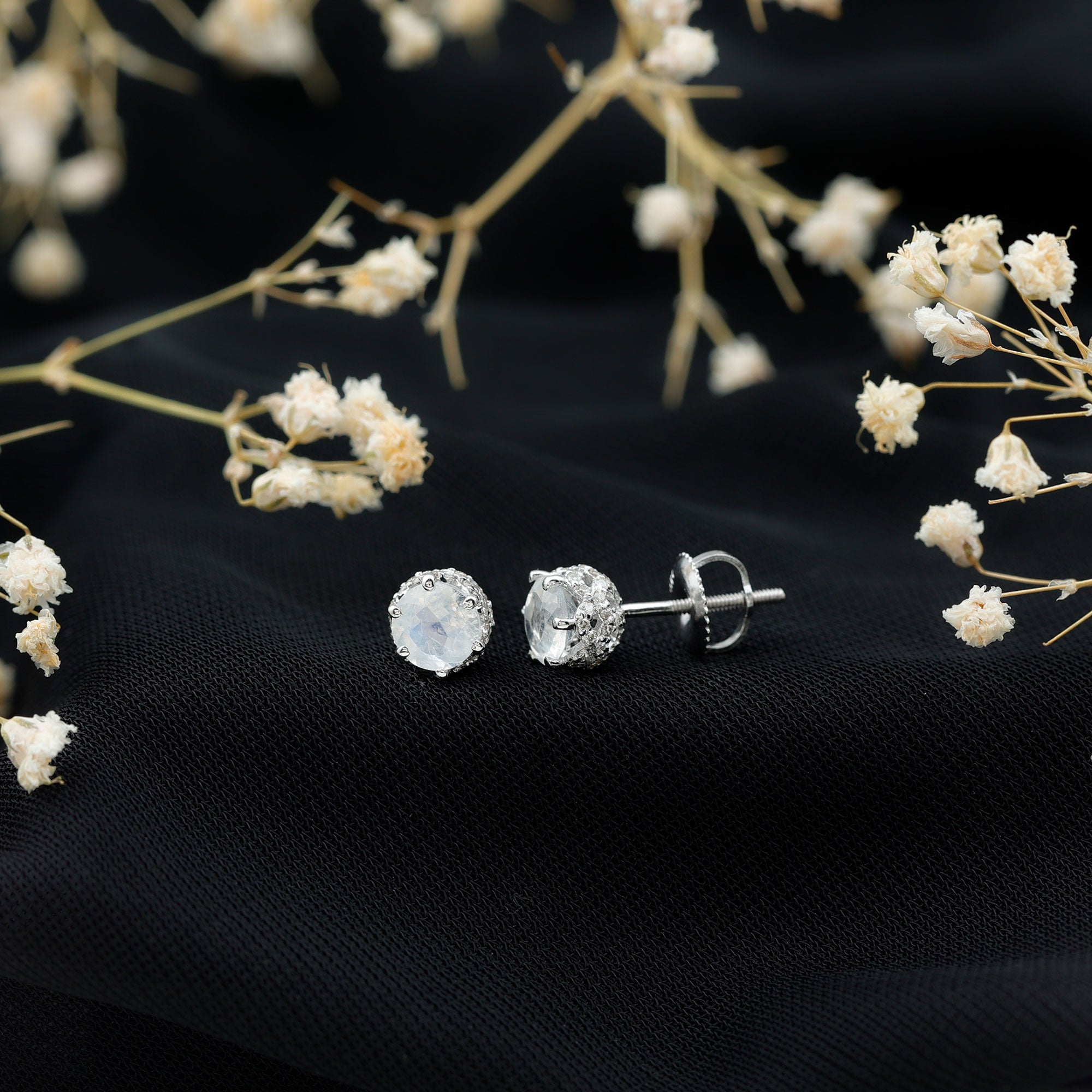 Round Cut Genuine Moonstone and Diamond Stud Earrings AAA - Rosec Jewels