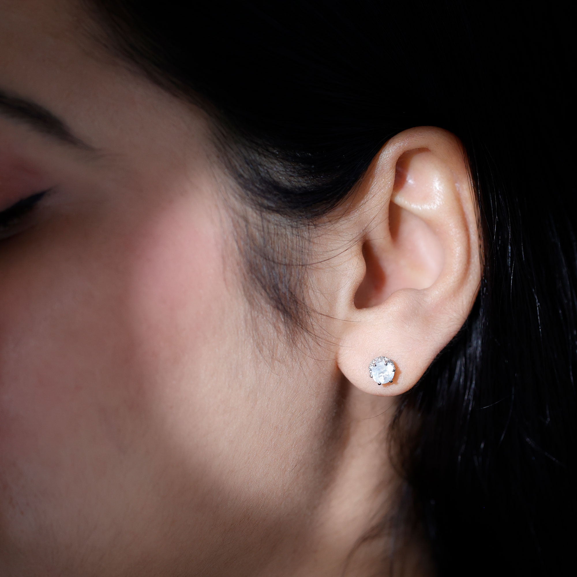 Round Cut Genuine Moonstone and Diamond Stud Earrings AAA - Rosec Jewels