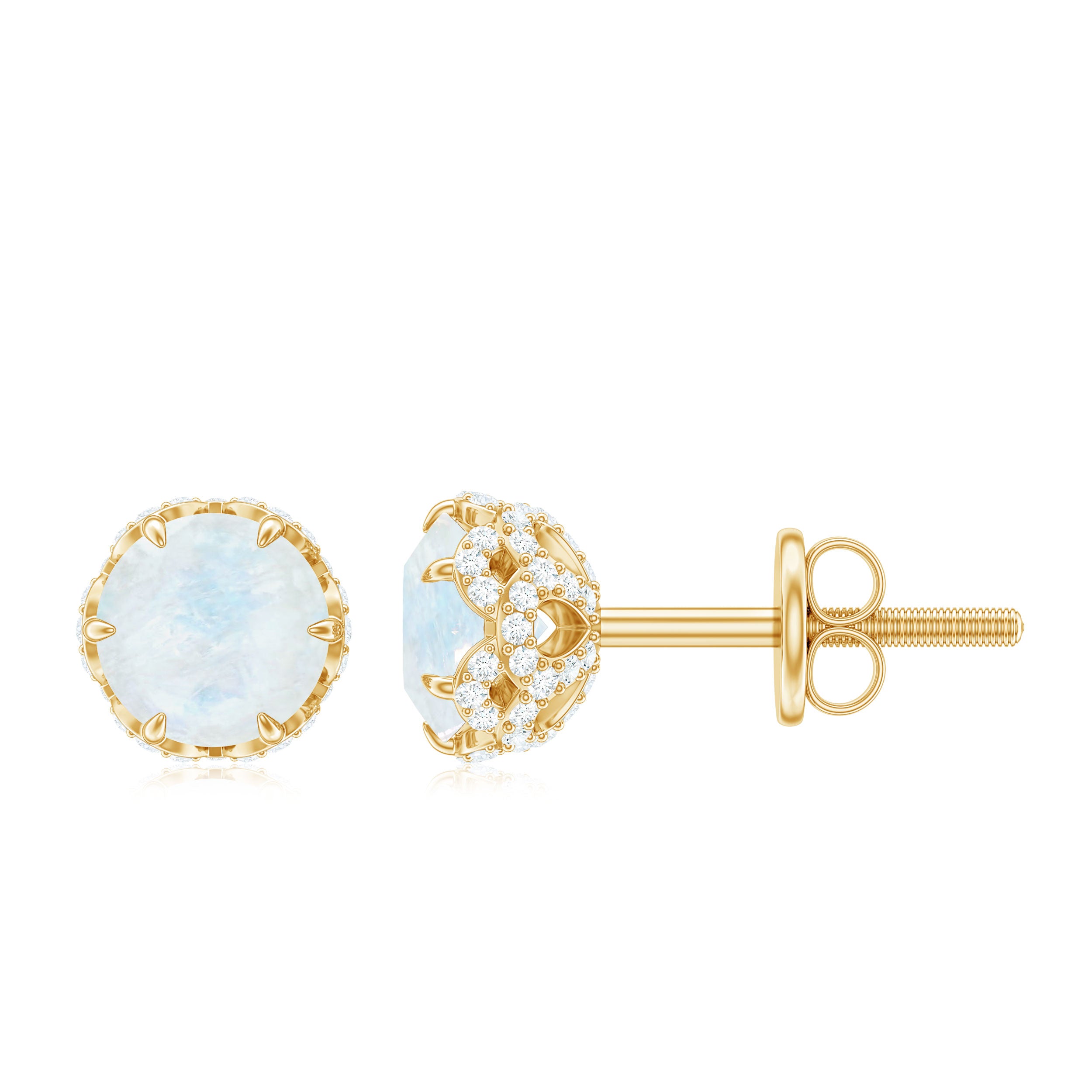 Round Cut Genuine Moonstone and Diamond Stud Earrings AAA - Rosec Jewels