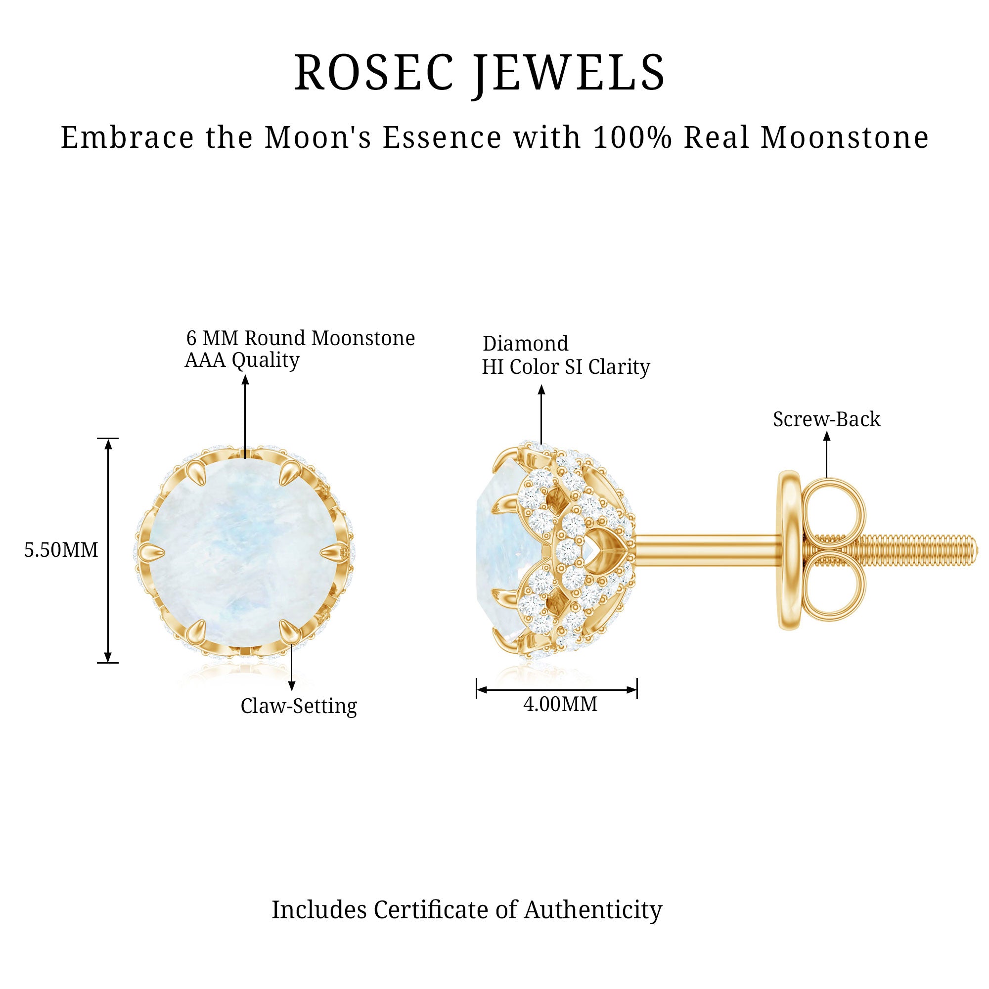Round Cut Genuine Moonstone and Diamond Stud Earrings AAA - Rosec Jewels