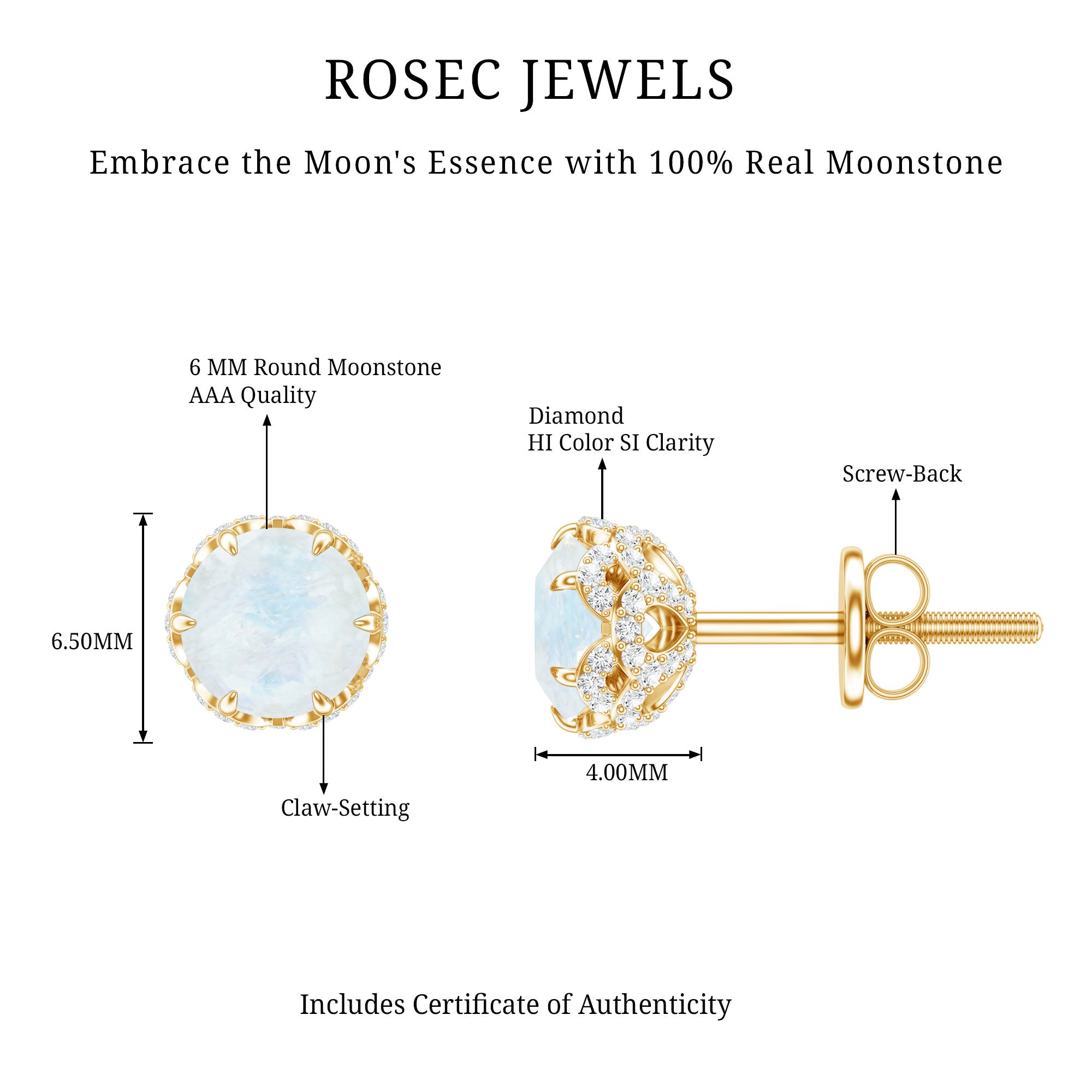 Round Cut Genuine Moonstone and Diamond Stud Earrings AAA - Rosec Jewels