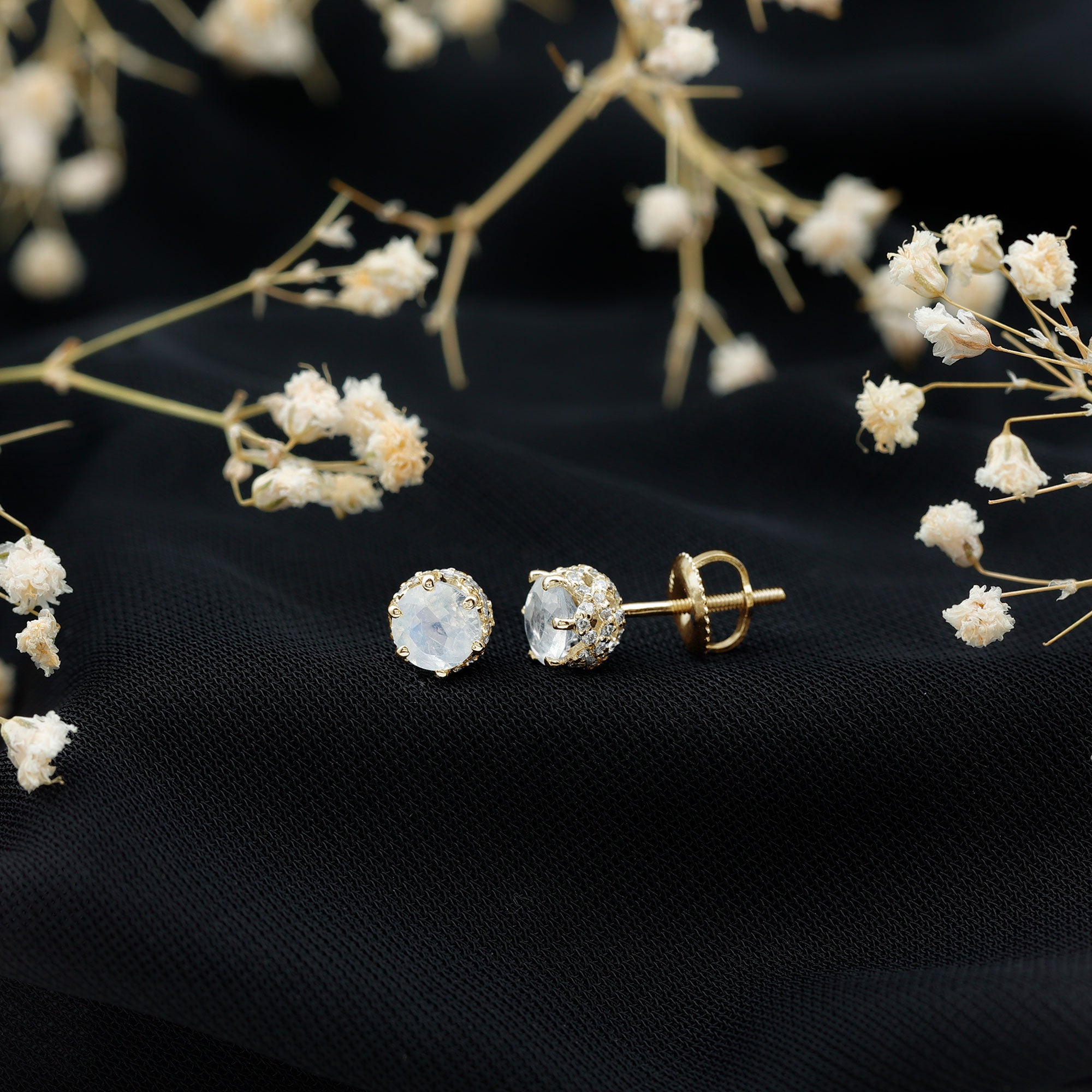 Round Cut Genuine Moonstone and Diamond Stud Earrings AAA - Rosec Jewels