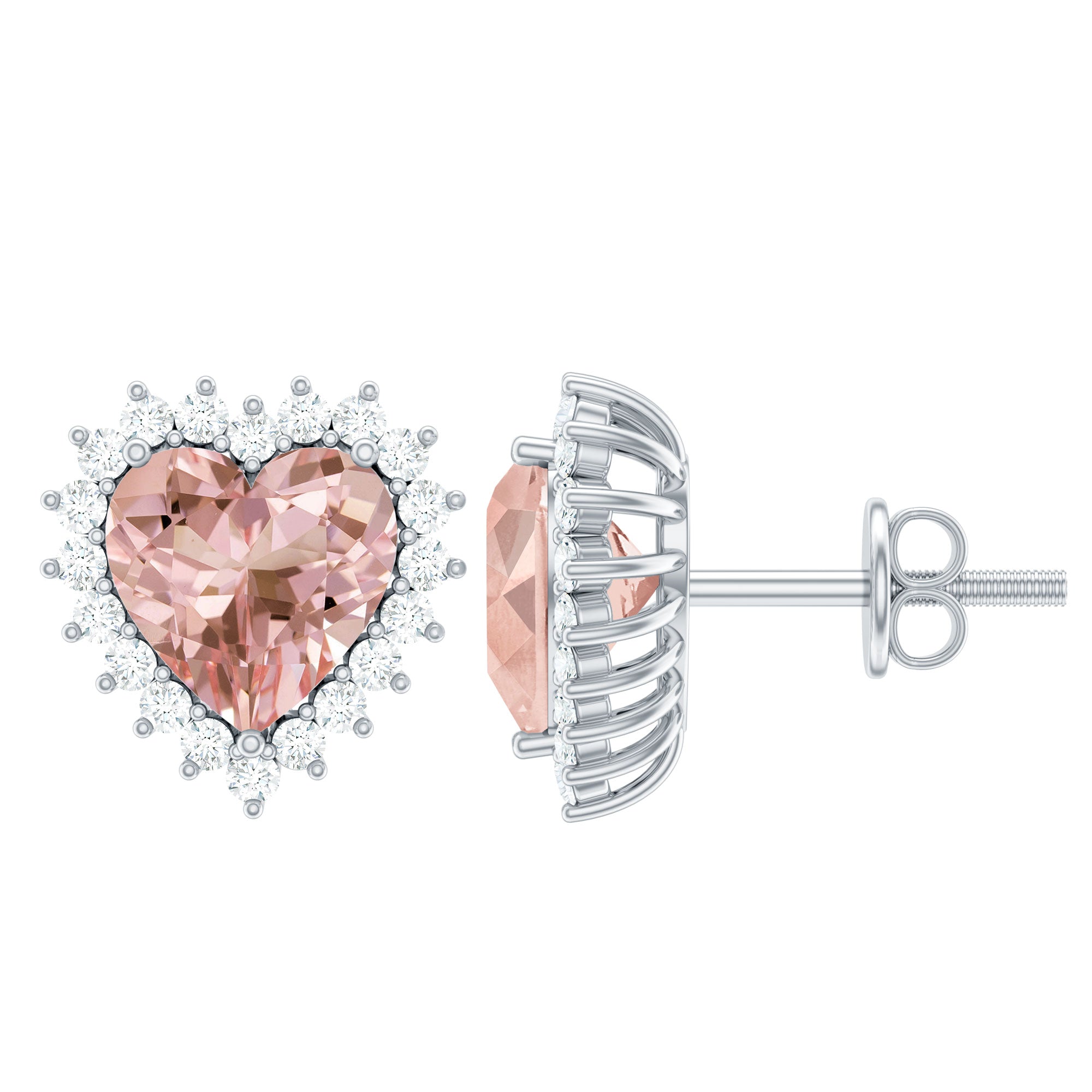 Heart Shape Morganite Halo Stud Earrings with Diamond