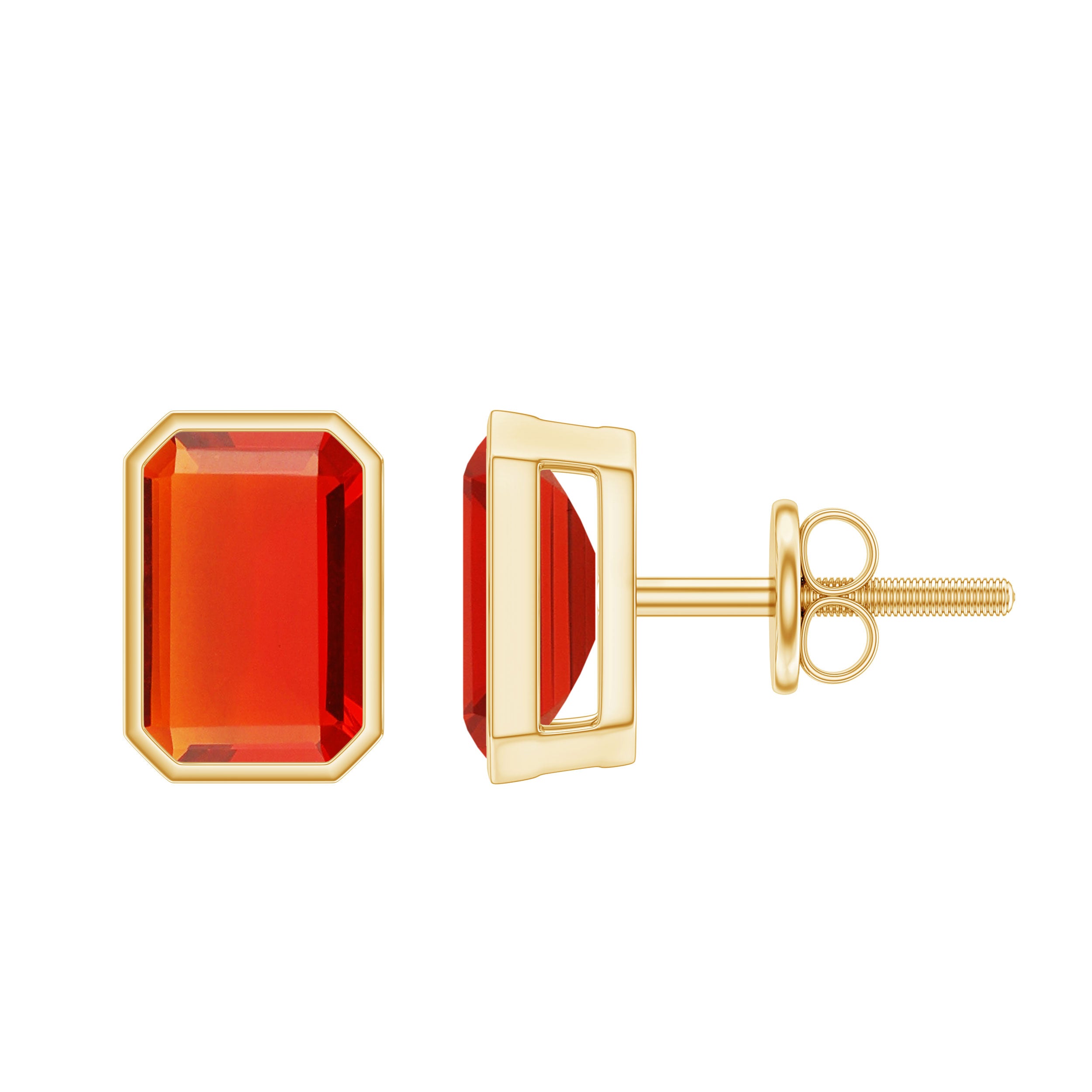 Rosec Jewels-Emerald Cut Stud Earrings with Bezel Set Fire Opal