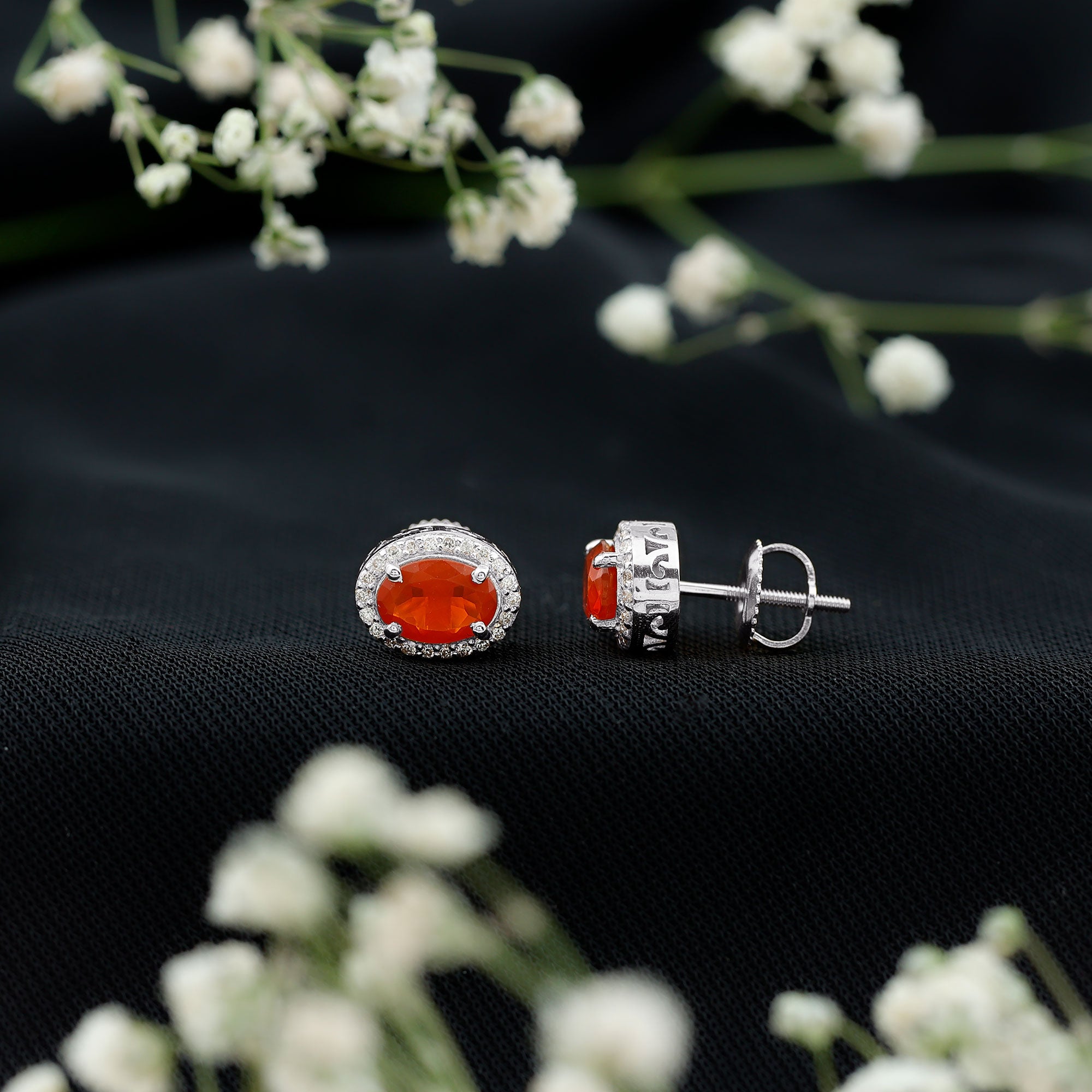 1.3 Carat Oval Cut Fire Opal and Diamond Halo Stud Earrings AAA - Rosec Jewels