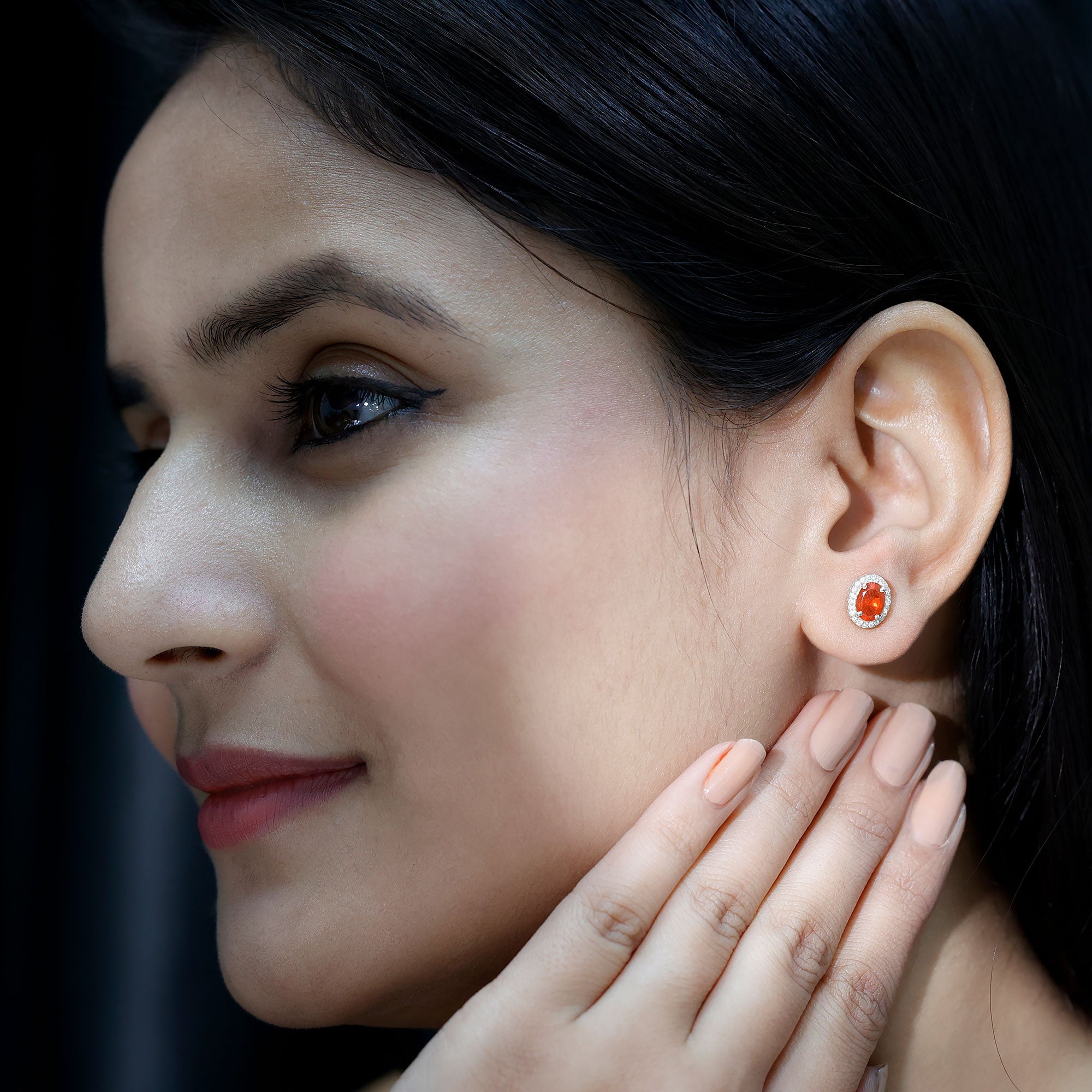 1.3 Carat Oval Cut Fire Opal and Diamond Halo Stud Earrings AAA - Rosec Jewels